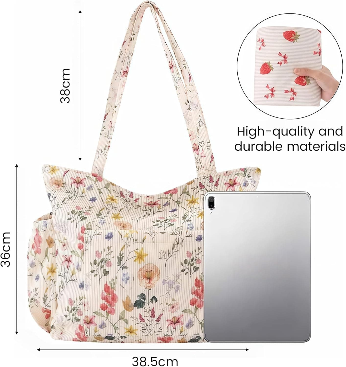 Grande Sac Shopping en Côtelé pour Femmes – Joli Sac à Épaule Aesthétique, Sac en Toile Réutilisable avec Fermeture Éclair et Poches Multiples pour Travail École Gym Voyage