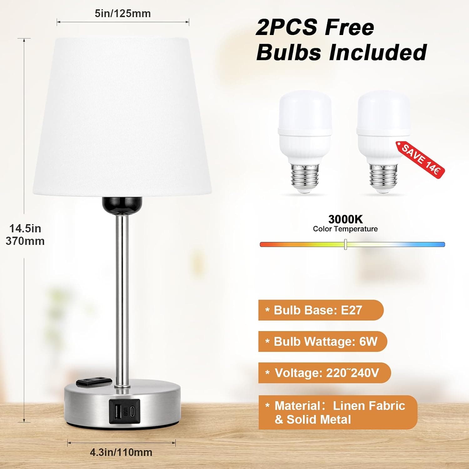 Kakanuo Lampe de Chevet Tactile avec Ports USB-A+C+Prise CA 2 Ampoules, 3 Intensité Variable, Abat-jour en Lin Blanc Base Argentée Givrée, Lampes de Table pour Chambre Salon D'enfant Bureau