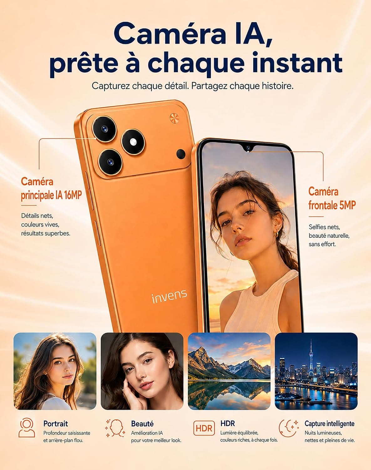 invens Note 15P Téléphone Portable 4G Débloqué, Smartphone Android 16 Go, 9 Go (3+6)+32 Go/256 Go TF, Caméra 16+5 MP, Écran 6,6" HD+, Batterie 3500 mAh, Double SIM, GPS, OTG, USB-C, Face ID, Noir Mat