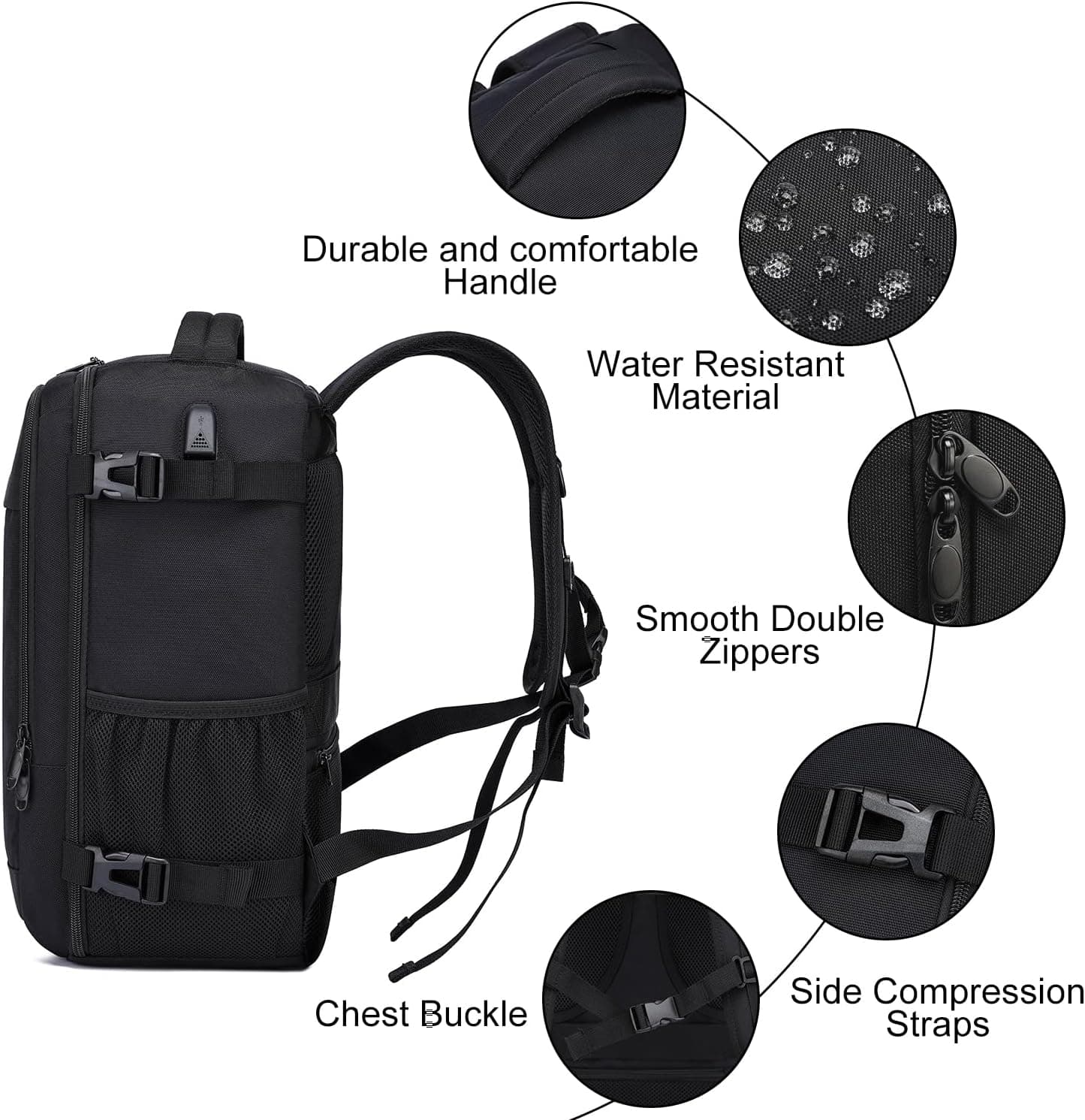 Bagage Cabine 40x30x20 Pour Ryanair Sac a Dos Voyage Cabine Avion pour Wizzair Eurowings 24L Sac 40x30x20 Bagage à Main avec USB Charging Port Sac à Dos Ordinateur Portable 14 Pouces Homme Femme Noir