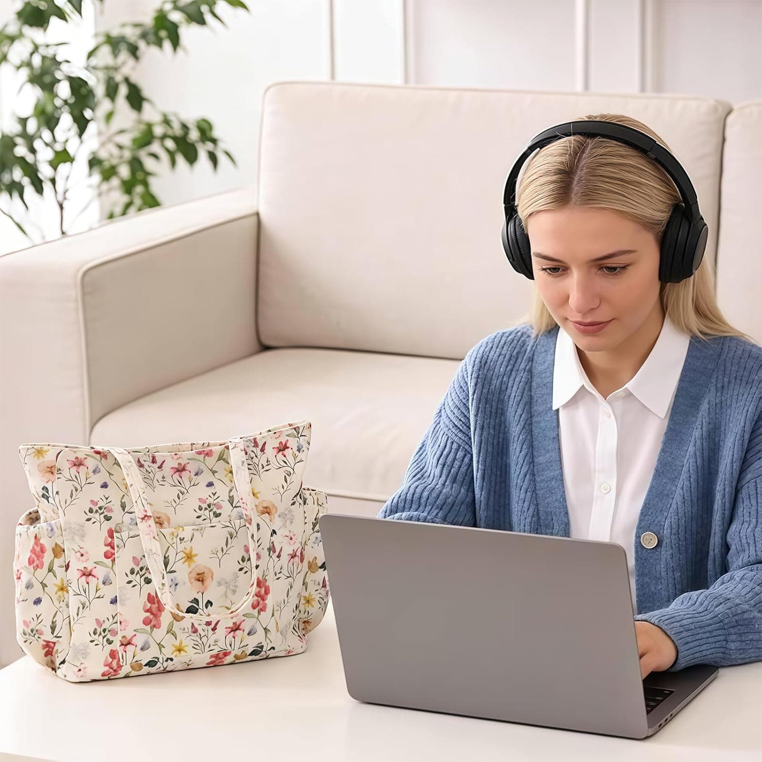 Grande Sac Shopping en Côtelé pour Femmes – Joli Sac à Épaule Aesthétique, Sac en Toile Réutilisable avec Fermeture Éclair et Poches Multiples pour Travail École Gym Voyage