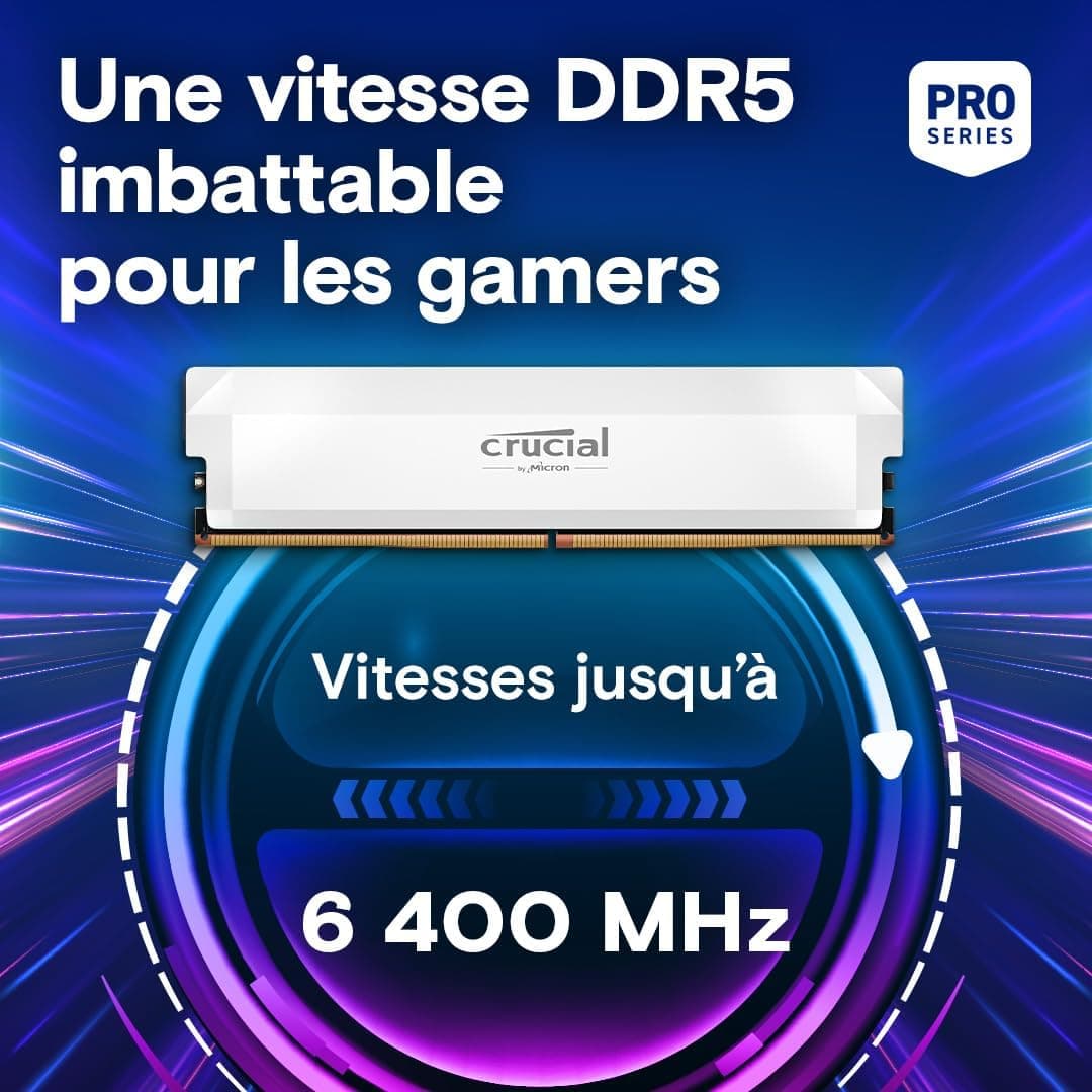 Crucial Pro RAM DDR5 32Go Kit (2x16Go) 6400MHz CL38, Overclocking Gaming, Intel XMP 3.0 / AMD Expo, PC Mémoire, Blanc - CP2K16G64C38U5W