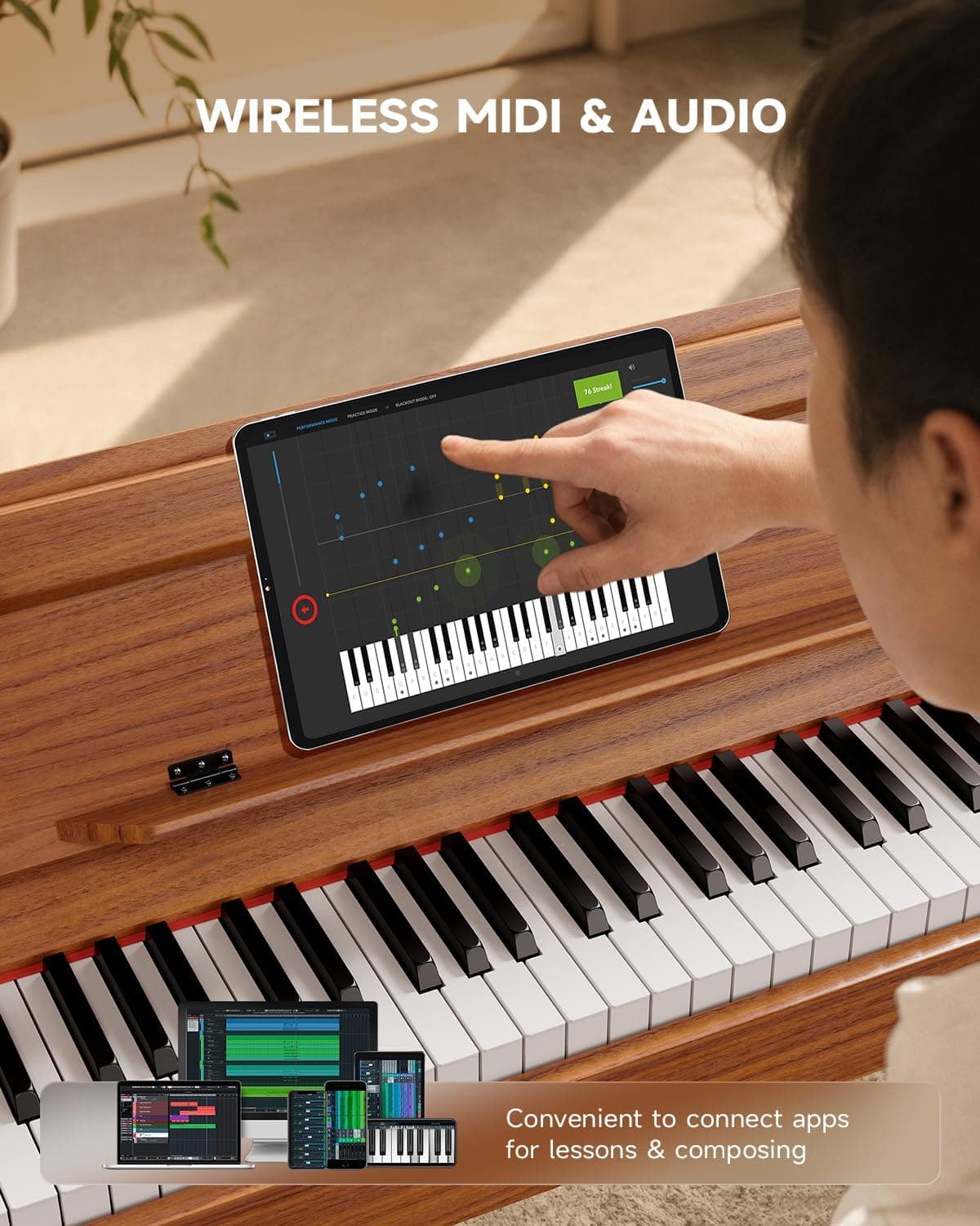 Eastar EUP-100 Piano Numérique 88 Touches, Piano à Clavier Lesté pour Débutant, avec Housse, Casque, Autocollants Musicaux, Triple Pédalier, Connexion Sans Fil, Enregistrement, MIDI - Bois Rétro