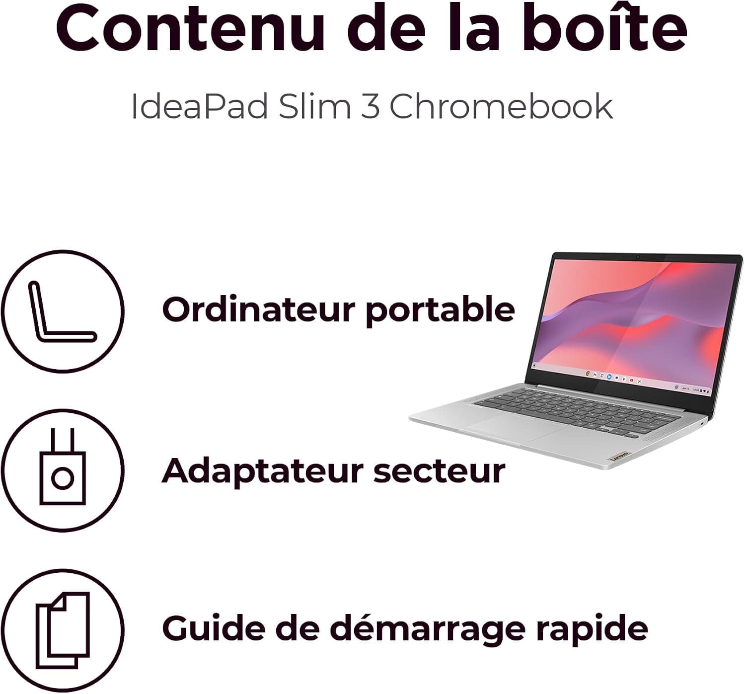 Lenovo IdeaPad Slim 3 Chromebook 14M868 - Ordinateur Portable 14'' FHD (MediaTek Kompanio 520, RAM 4Go, eMMC 64Go, Arm Mali-G52 Graphics, Chrome OS) Clavier AZERTY Français - Gris