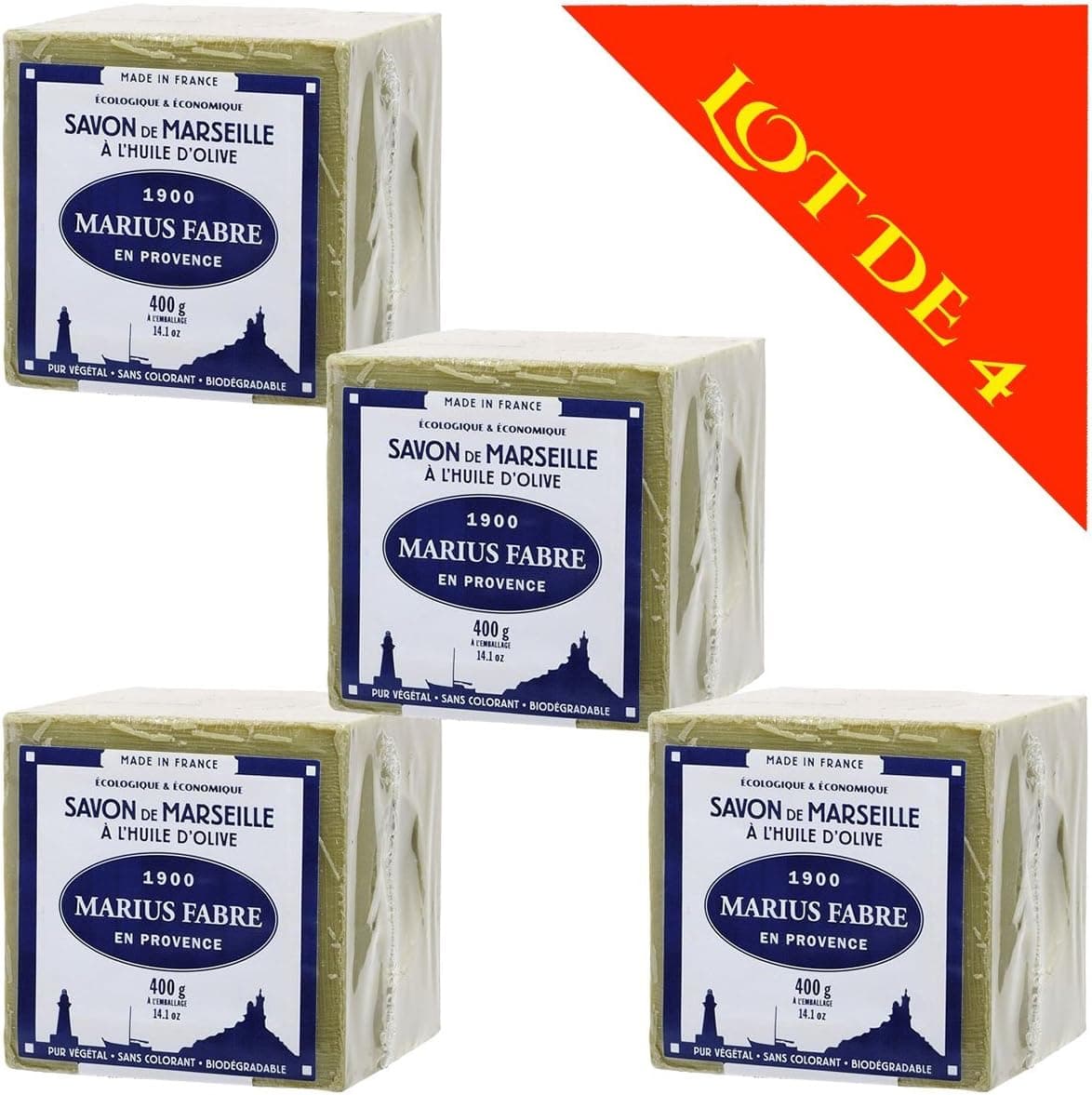 Lot de 4 savons de MARSEILLE à L'HUILE D'OLIVE - Cubes de 400g - Marius Fabre