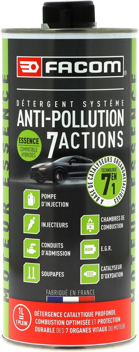 FACOM 006071 Détergent Système Anti-Pollution Essence 7 en 1 – Pompe d'injection, injecteurs, conduits d'admission, EGR, catalyseur d'oxydation– Formule Pro 1L
