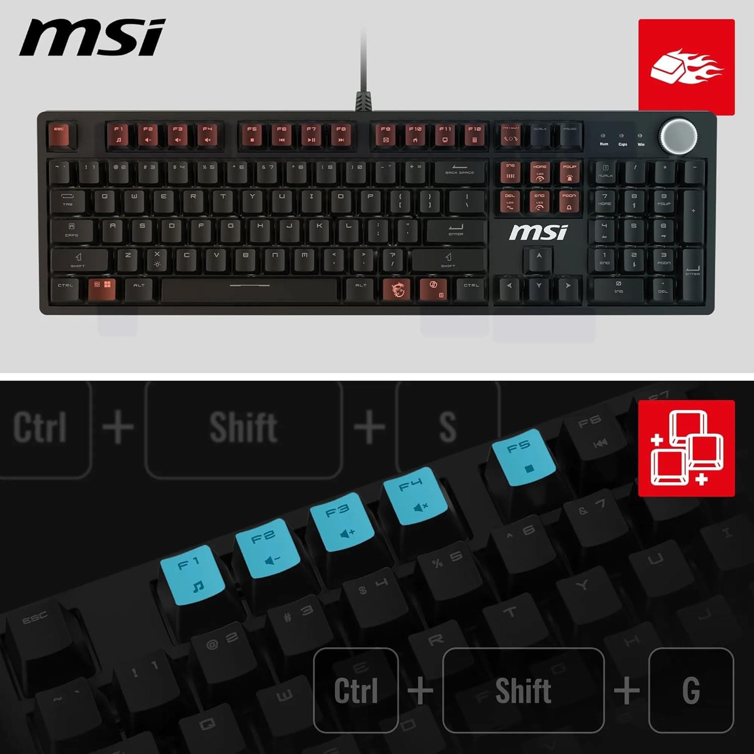 MSI Forge GK320 FR Clavier Gaming Mécanique - AZERTY, Disposition FR, switches Red (Linéaires) interchangeables, Couvercle magnétique, Touches ergonomiques, LED RGB, USB 2.0 - Pleine Taille