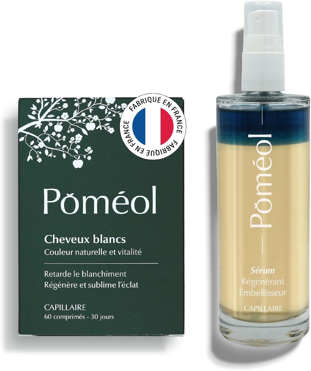 Pack Pigmentation Cheveux Blancs & Gris | Sérum Régénérant & Embellisseur + Complément Alimentaire 30 jours Pigmentation Cheveux Blancs & Gris | Spécial Couleur | Pousse, Volume et Anti-chute | POMÉOL