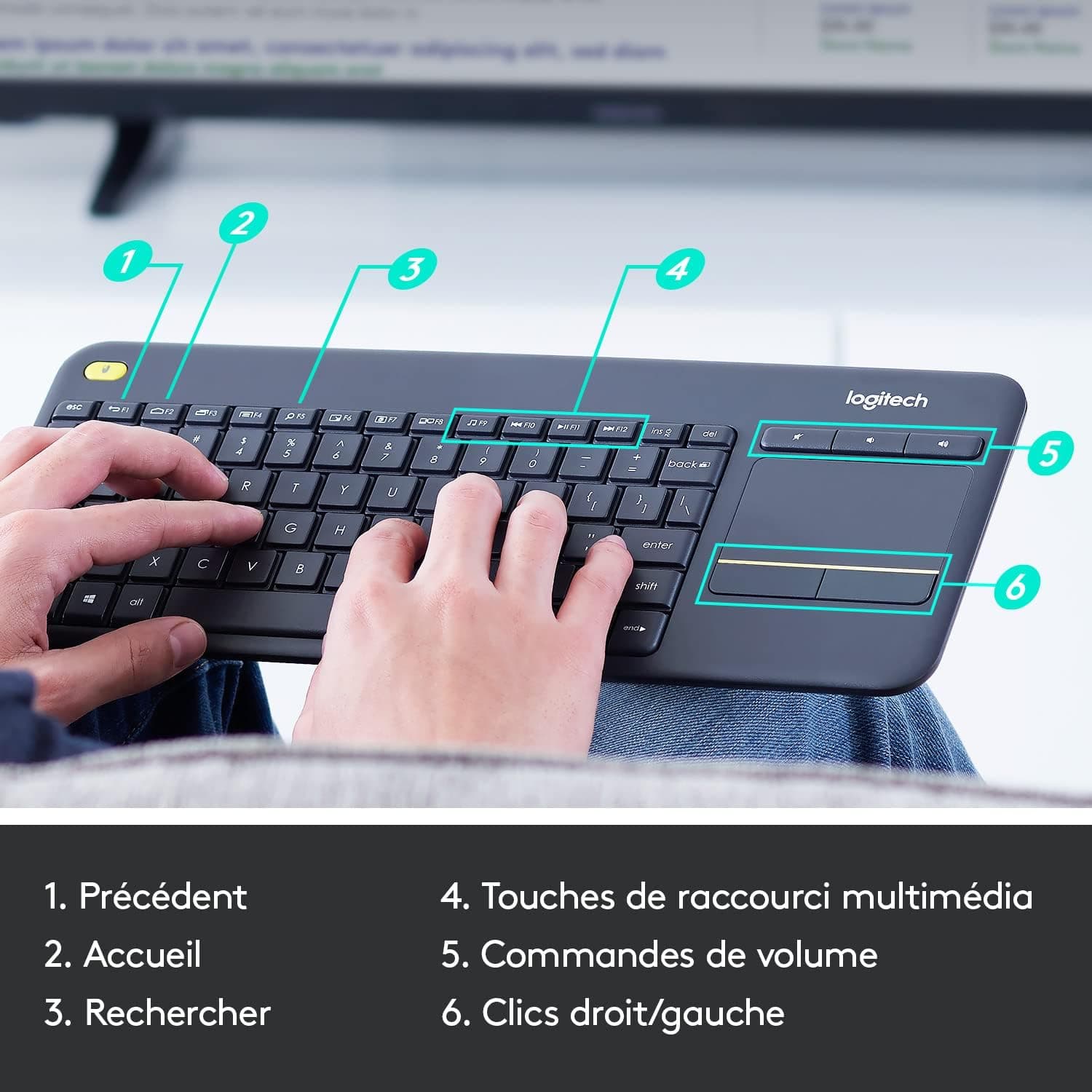Logitech K400 Plus Clavier sans Fil Touch TV avec Contrôle Média | Facili Controlli Multimediali e Touchpad Integrato, Layout Francese AZERTY - Nero