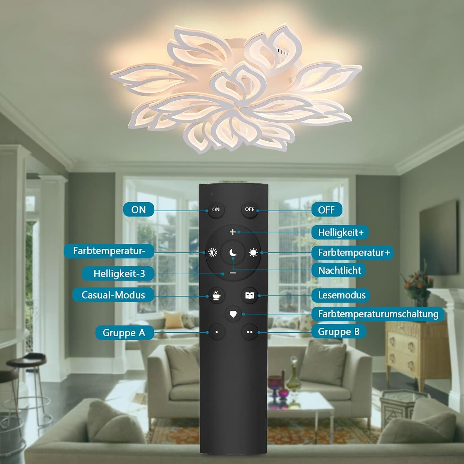 Sky angle Plafonnier LED avec télécommande, lampe de chambre à coucher à intensité variable, plafonnier de salon créatif en forme de fleur