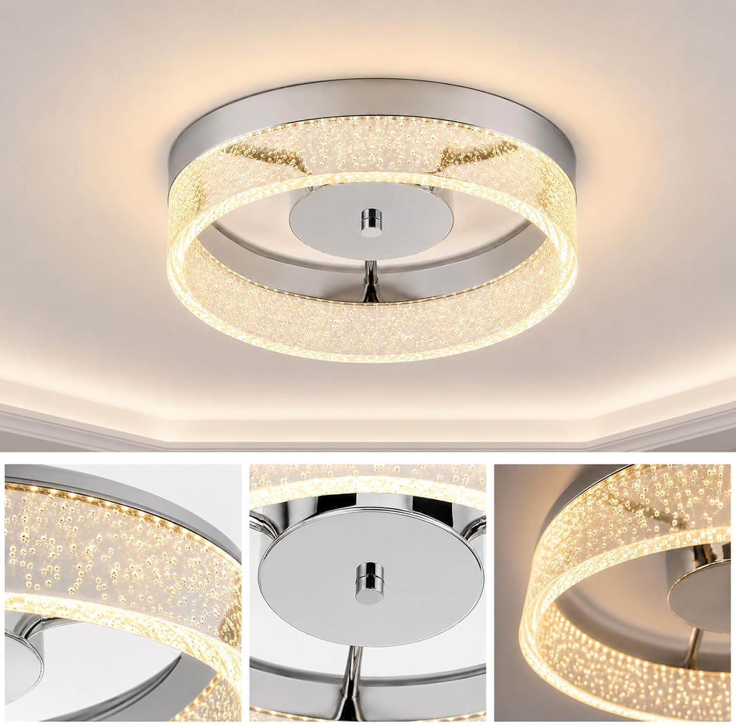 Qcyuui Plafonnier LED Design Chrome Acrylique Bulles Blanc Chaud 3000K | 20W,Écoénergétique,Design Compact,Idéal pour chambre,salon,couloir,cuisine,installation facile