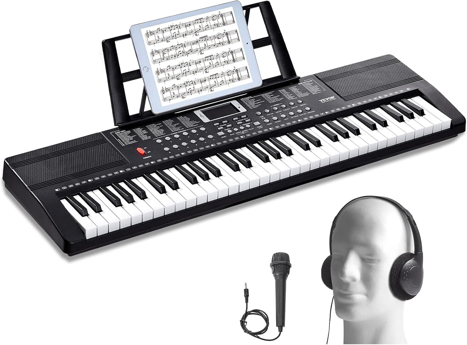 VEVOR Clavier Piano Numérique, 61 Touches, Ensemble Piano à Clavier Électrique Portable, 200 Tons, 200 Rythmes, 60 Chansons de Démonstration, Haut-parleurs Intégrés, Casque, Microphone, pour Débutants