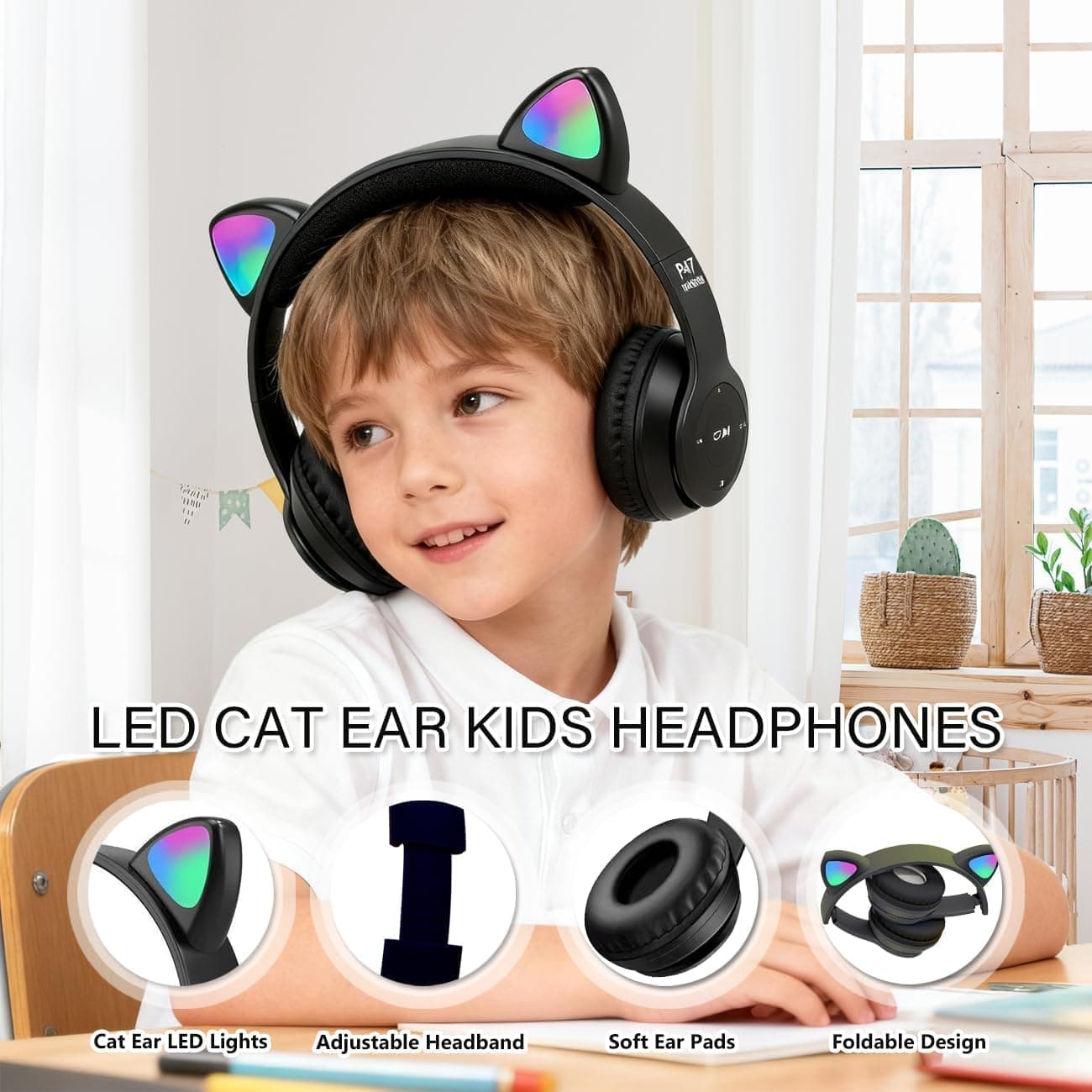 Casque Bluetooth Enfant, Casque sans Fil avec Oreilles de Chat Lumineuses | Casque Audio Pliable LED, Contrôle du Volume de 85dB pour Fille et Garçon 7+