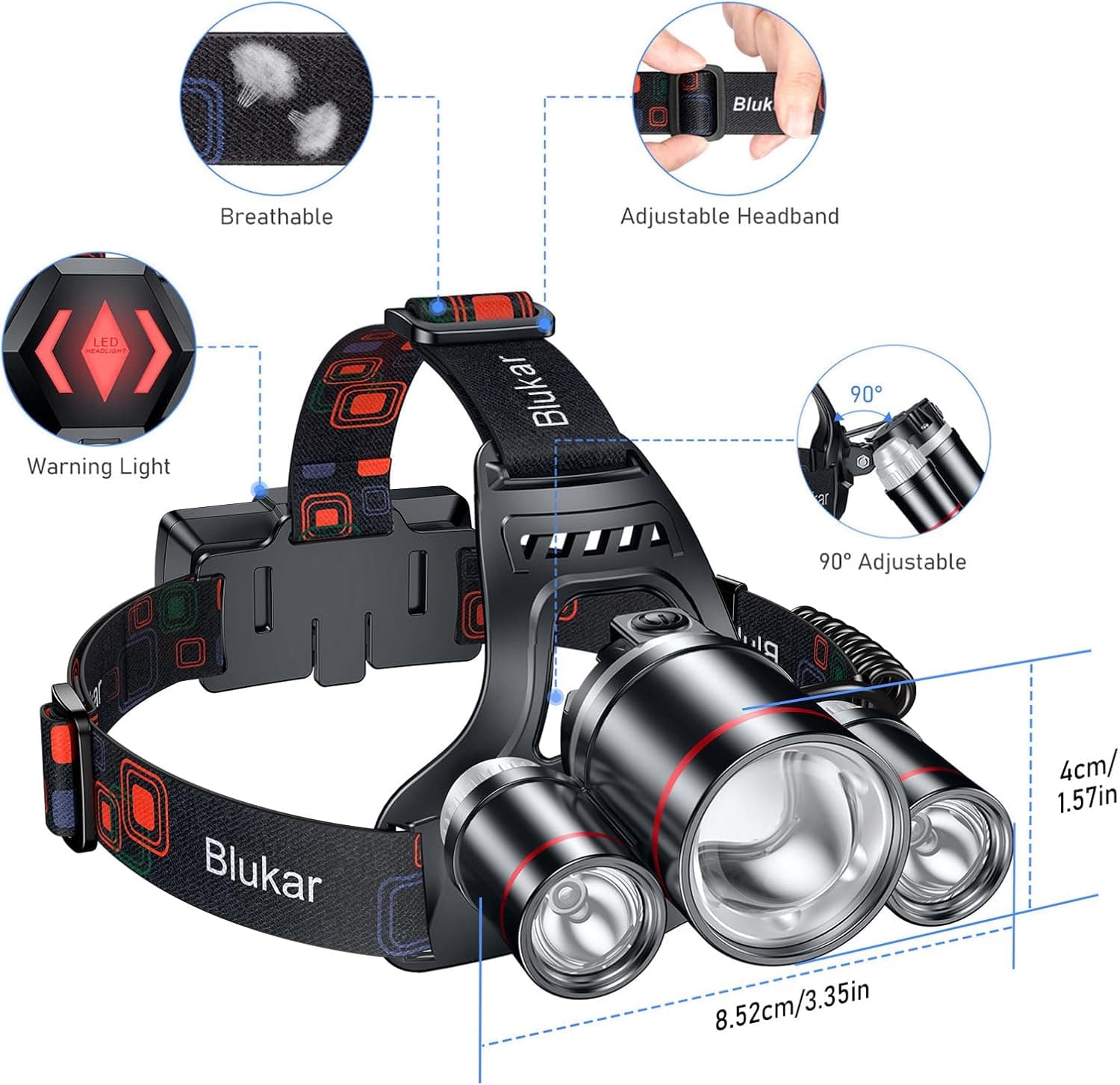 Blukar Lampe Frontale Rechargeable, 8000L Super Lumineux IPX6 Étanche