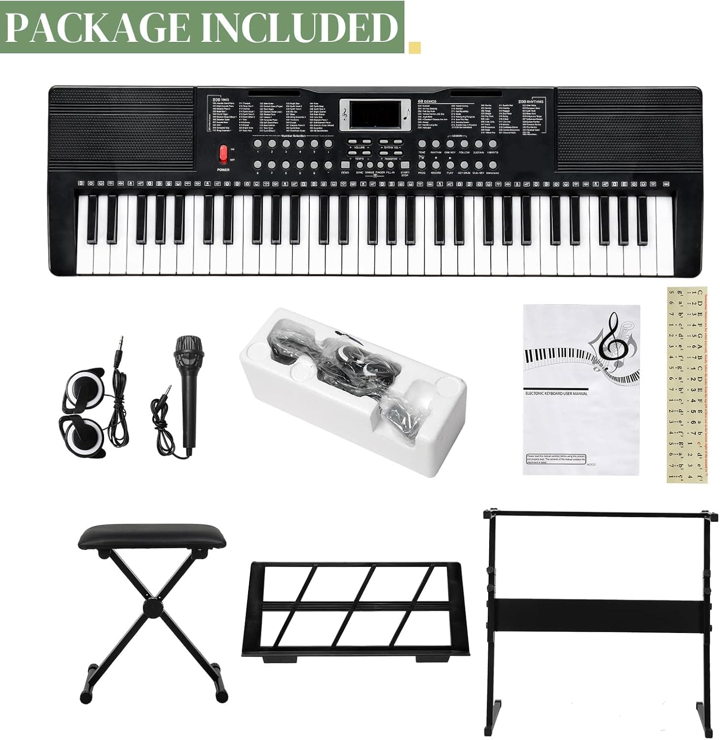 LEADZM Clavier Piano 61 Touches, Piano Numérique avec Support de Clavier, Banc de Piano, Pupitre, Casque, Microphone, Écran LED, 3 Modes D'apprentissage pour Débutants (Noir)