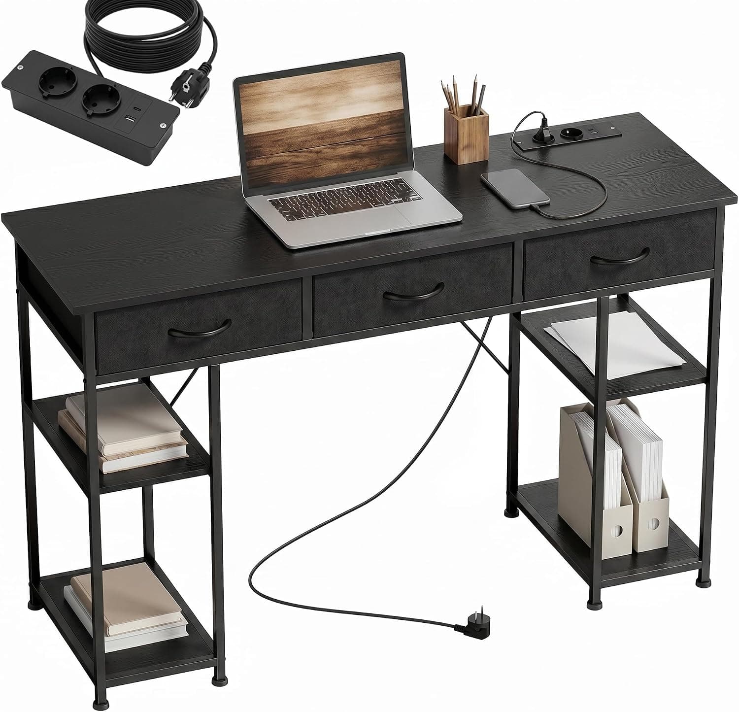 HOMCOM Bureau d'Ordinateur avec Rangement, 3 Tiroirs, 120 x 40 cm, Noir