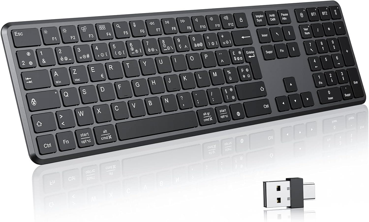 OMOTON Clavier sans Fil Bluetooth + 2.4G AZERTY pour PC/Windows/Mac, Noir | 3 Canaux Multi-appareils, Pleine Taille, Rechargeable USB-C, Ultra-Mince, Silencieux, Les Ciseaux, Ergonomique
