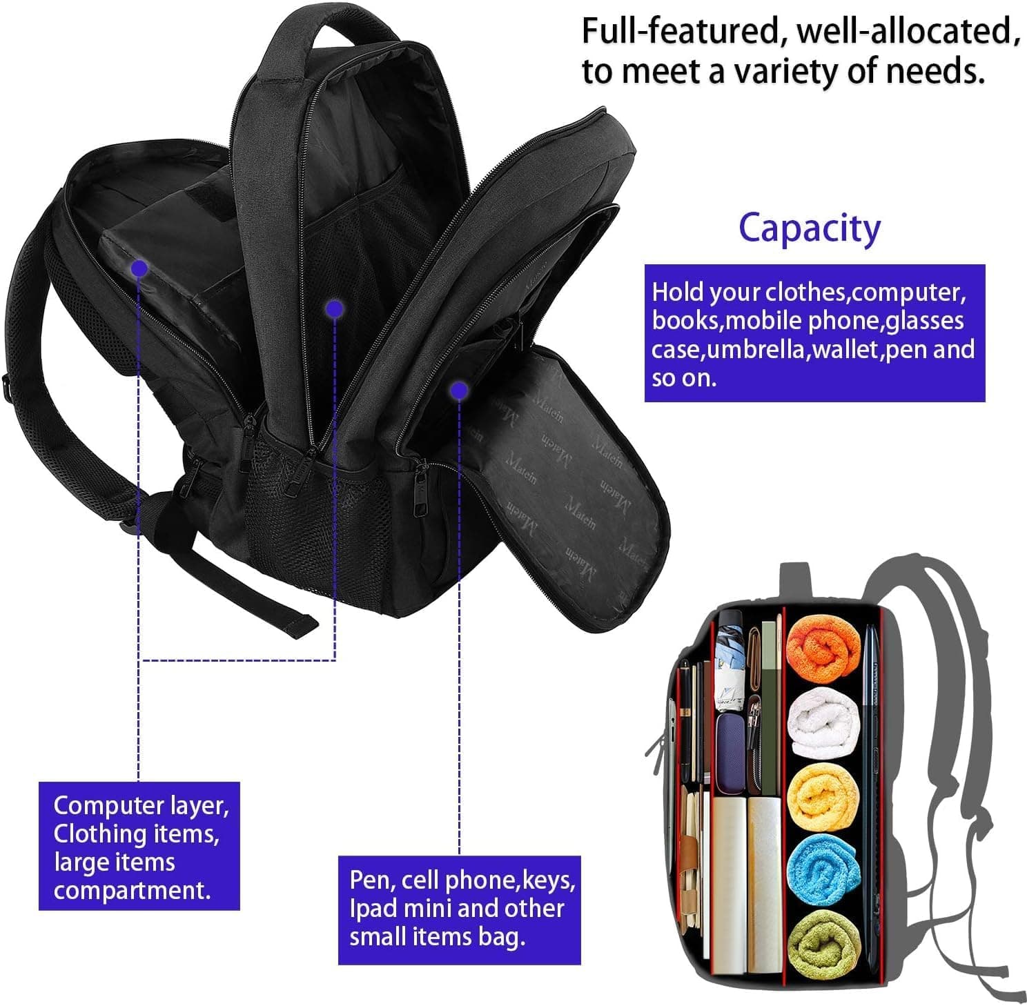 MATEIN Sac à Dos Ordinateur Portable 15.6 Pouces, Sac à Dos PC Portable | Fonctionnel Imperméable Antivol Sac a Dos Travail pour Collège, Affaire, Scolaire, Cadeau
