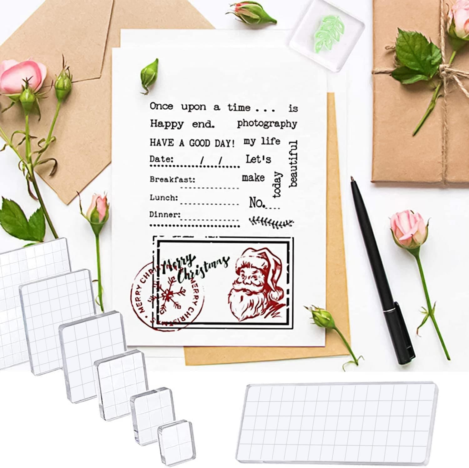 YXHZVON Bloc de Timbre Acrylique 7 pièces, Bloc de Timbre Acrylique avec Lignes de Grille, kit de Fabrication de Timbres pour Scrapbooking, Outil de gaufrage pour Timbre de Noël