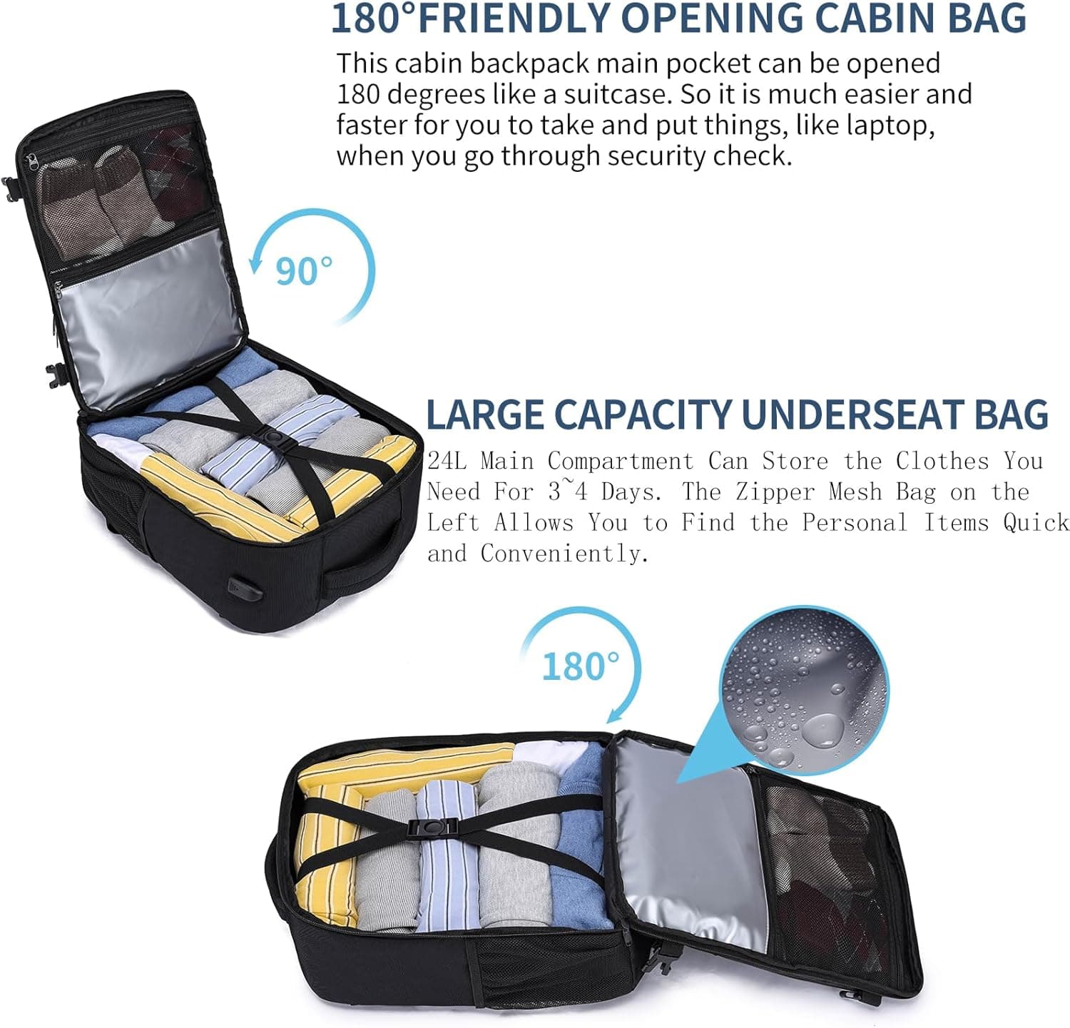 Bagage Cabine 40x30x20 Pour Ryanair Sac a Dos Voyage Cabine Avion pour Wizzair Eurowings 24L Sac 40x30x20 Bagage à Main avec USB Charging Port Sac à Dos Ordinateur Portable 14 Pouces Homme Femme Noir