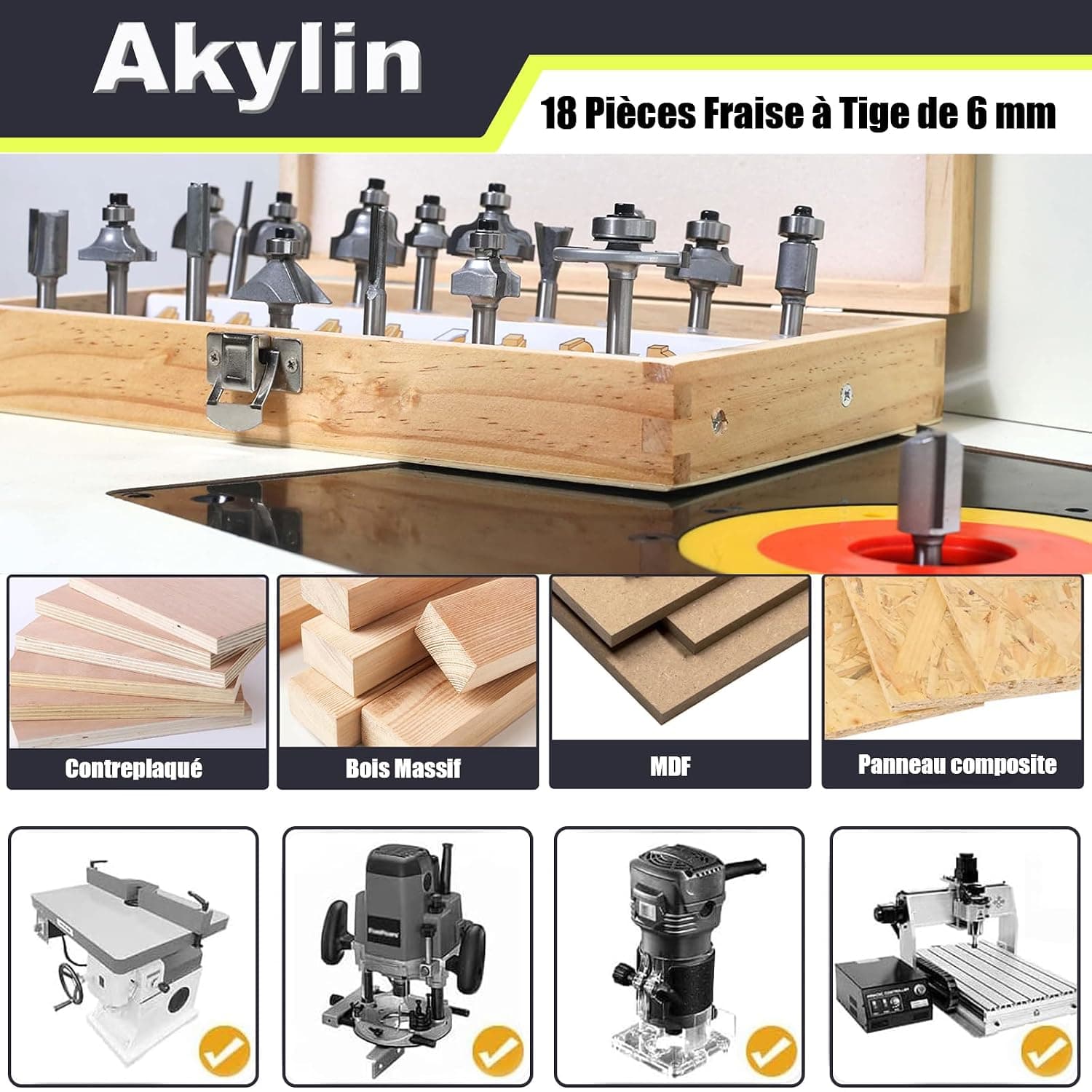 18 Pièces Fraise à Tige de 6 mm avec Boîtier de Rangement, Pour Défonceuse et Finition du Bois Divers