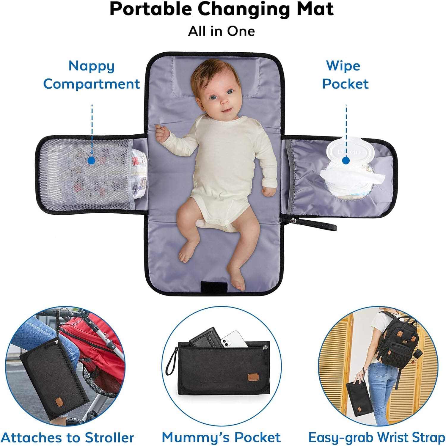Dikaslon Sac a Langer Bebe, Sac à Langer à Dos Grande Capacité 18 Poches, Polysteer Déperlant, Tapis à Langer, Porte Tétine, Sangles Intégrées Poussette – Sorties Faciles