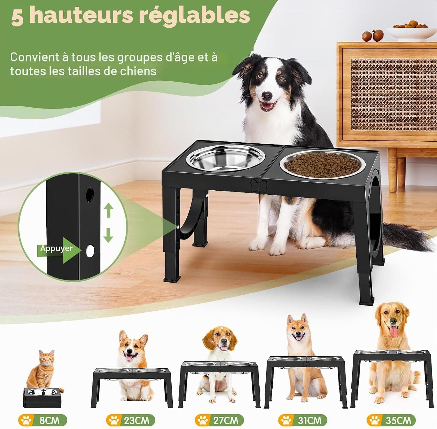 X XBEN Gamelle Chien Surélevées de 5 Hauteurs Ajustables, Gamelle pour Chien avec 2 Bols en Acier Inoxydable de 1,5L, Pliable, Antidérapant, Convient aux Petits, Moyens et Grands Chiens