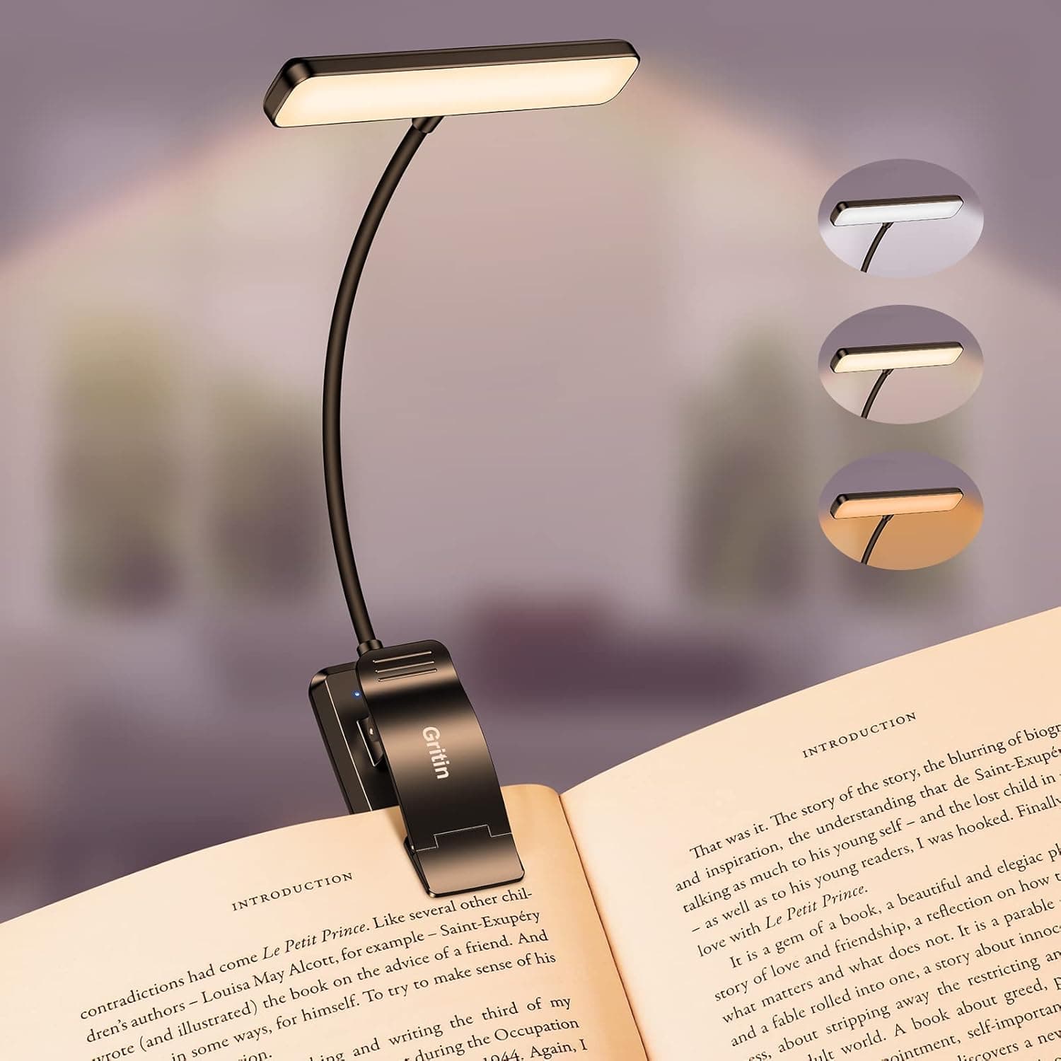 Gritin Lampe de Lecture 19LED Liseuse Clip Rechargeable Protection des Yeux