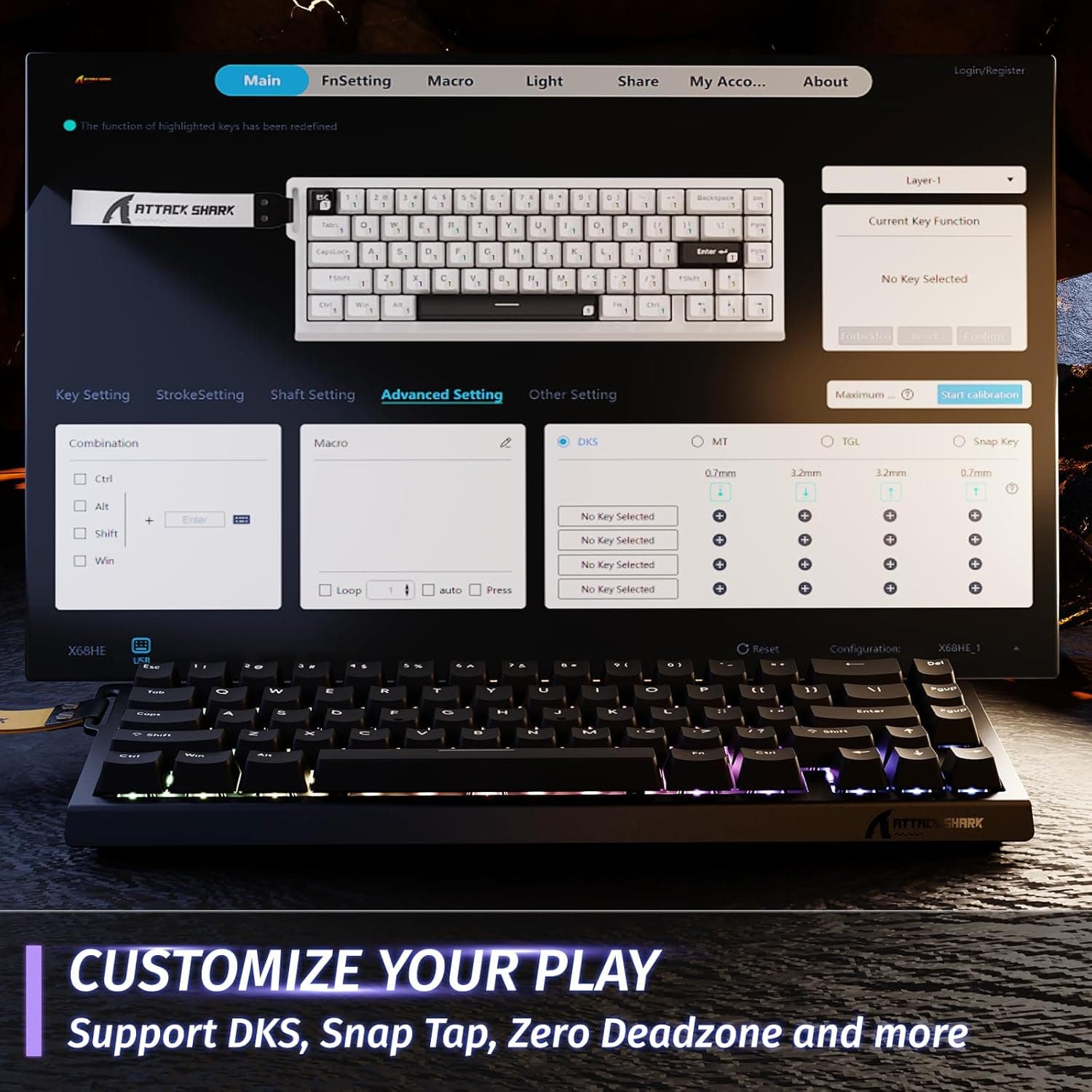 ATTACK SHARK X68 HE Clavier 8000Hz Rapid Trigger, Clavier Gamer Filaire RGB 60% avec Précision RT de 0,01 mm avec Interrupteur Magnétique, Actionnement Réglable, Snap Tap, pour PC/Mac, Noir