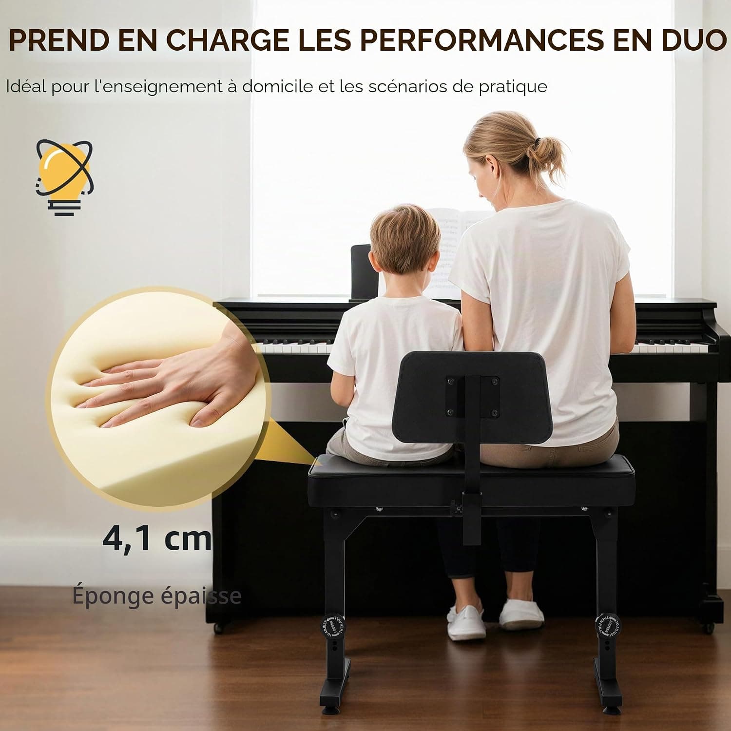 CAHAYA Tabouret Piano Réglable Stable avec Dossier, Charge 200 kg | Confort longue durée, assise large et dossier rembourré, pliable, pour enfants et adultes, piano, clavier, maison et studio