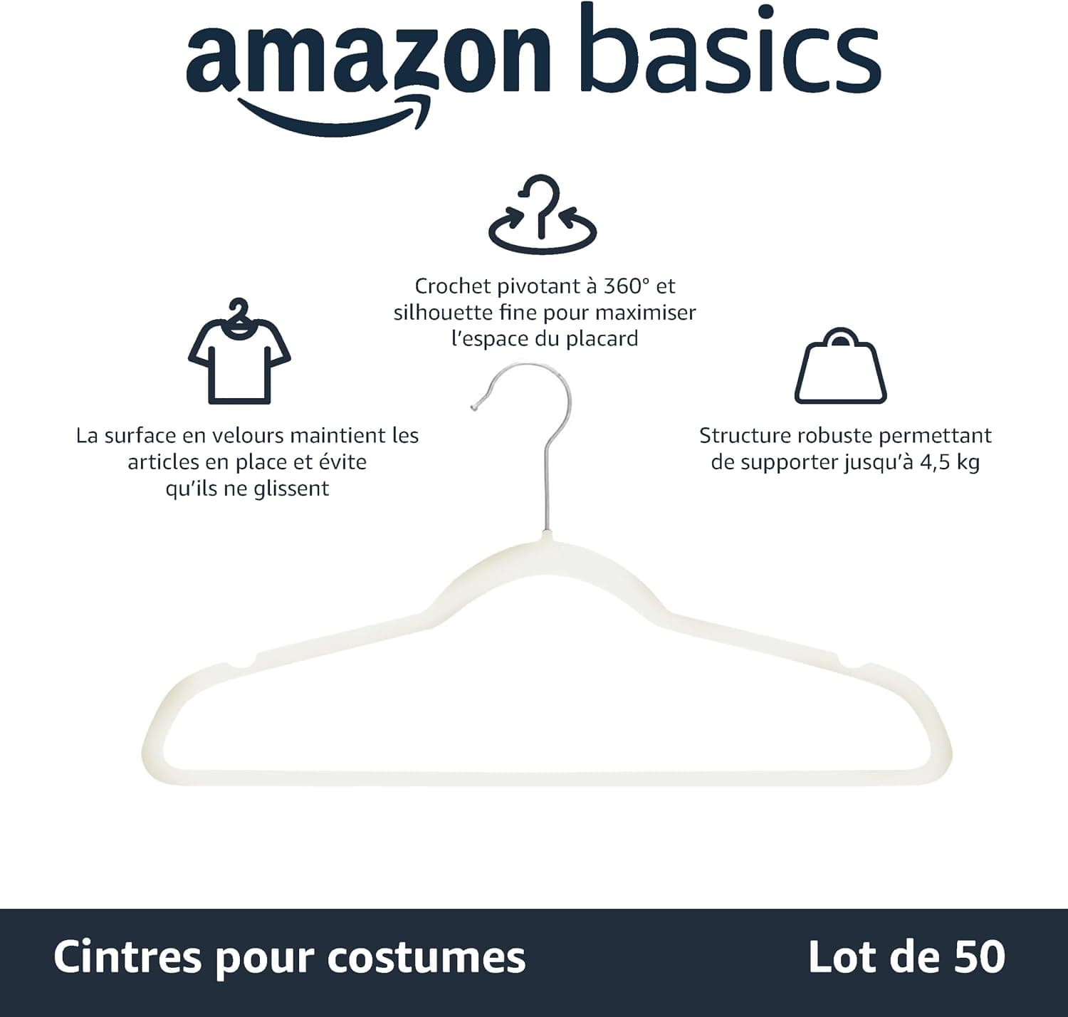 Amazon Basics Lot de 50 cintres en velours pour costumes Ivoire