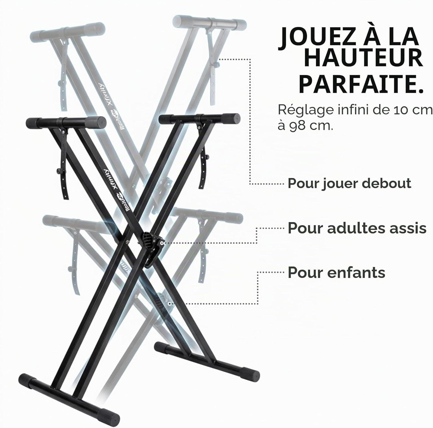 RockJam RJXX363 Support de Clavier Double X Robuste et Réglable | Support clavier double X renforcé, capacité 20 kg, réglable en hauteur pour piano numérique, maison, studio et scène