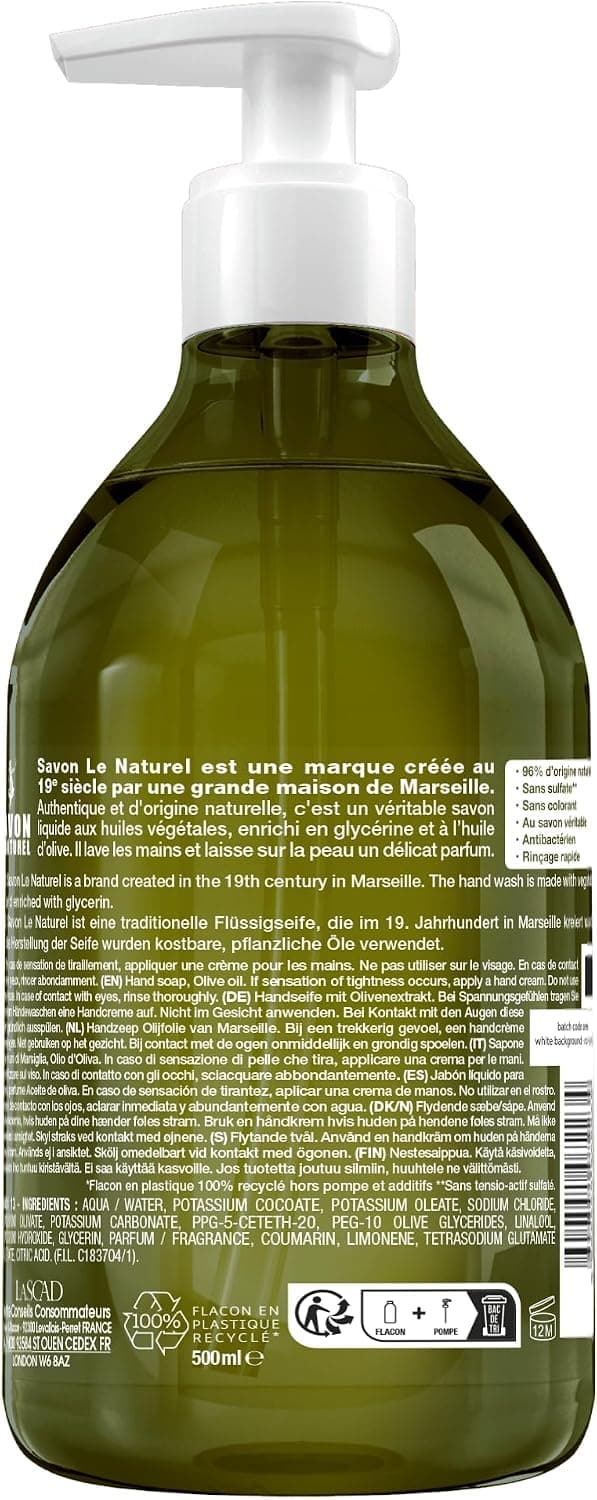 Savon Le Naturel Liquide Marseille Huile Olive Antibactérien 500ml