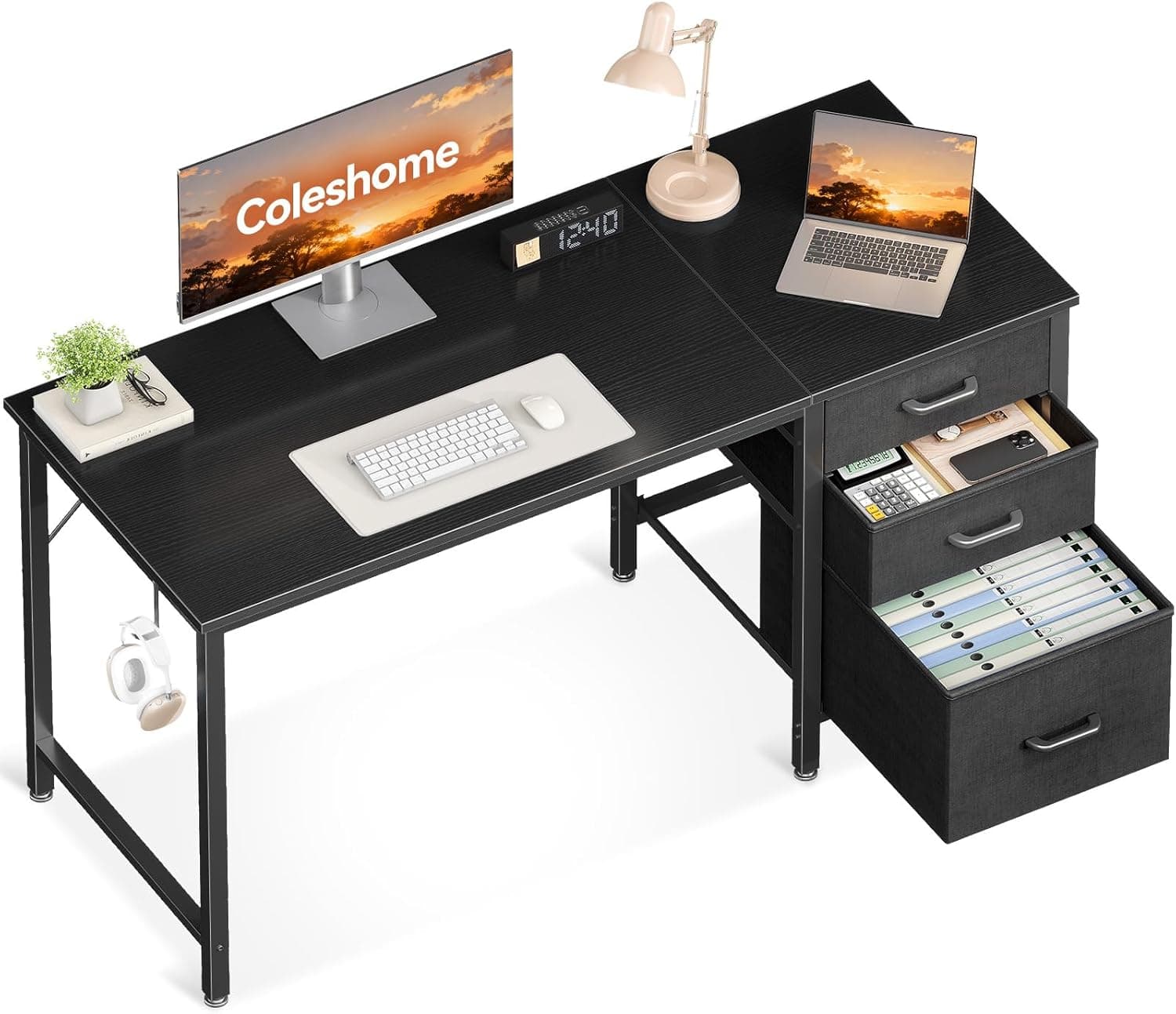 Coleshome Bureau avec 3 Tiroirs en Tissu, 120x48cm, Noir