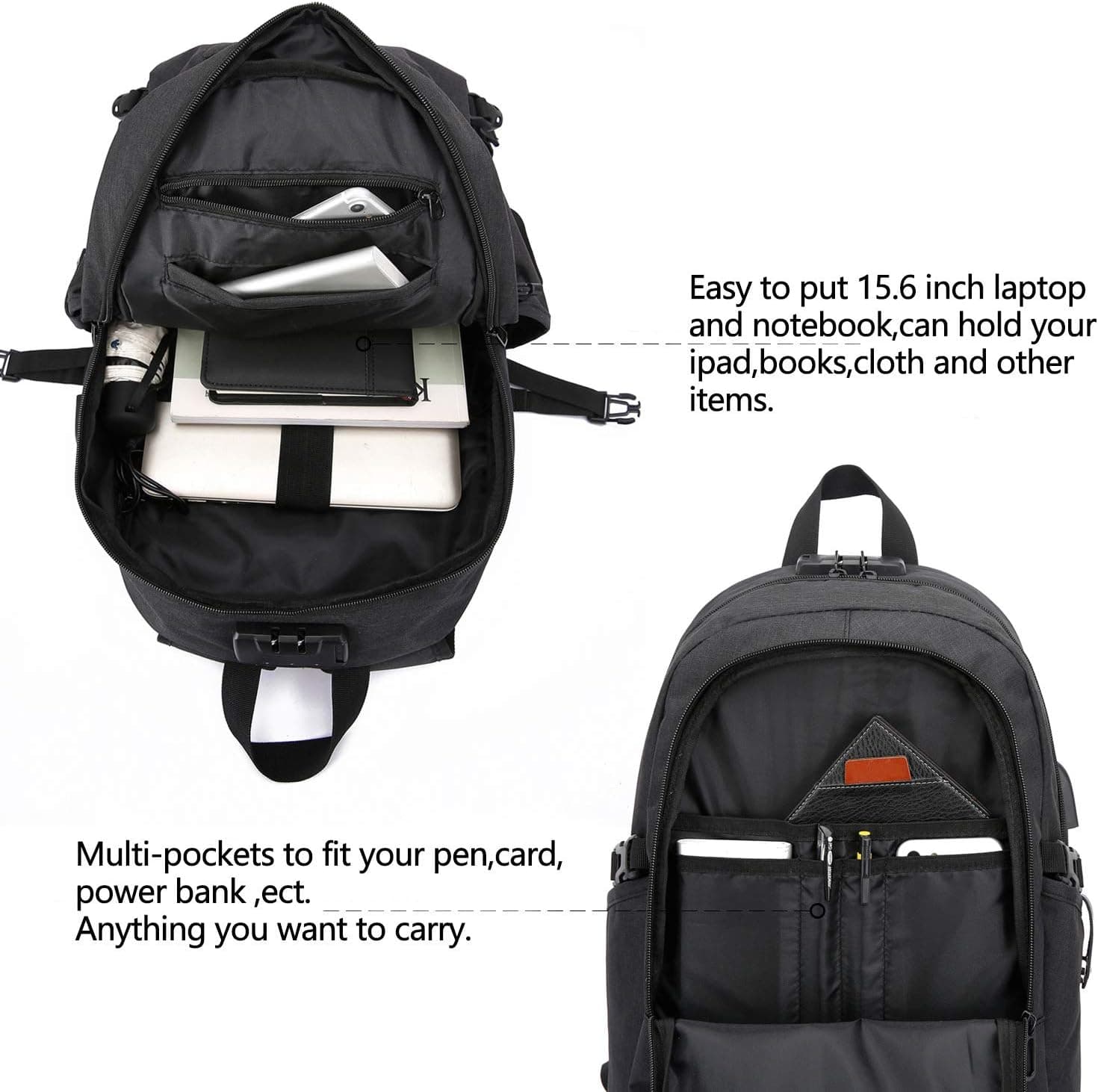 Antivol Sac à Dos Ordinateur Portable 15.6 Pouces Homme Imperméable avec USB Charging Port Sac à Dos D'affaires Sac a Dos PC Portable pour Loisirs/Affaire/Scolaire Noir