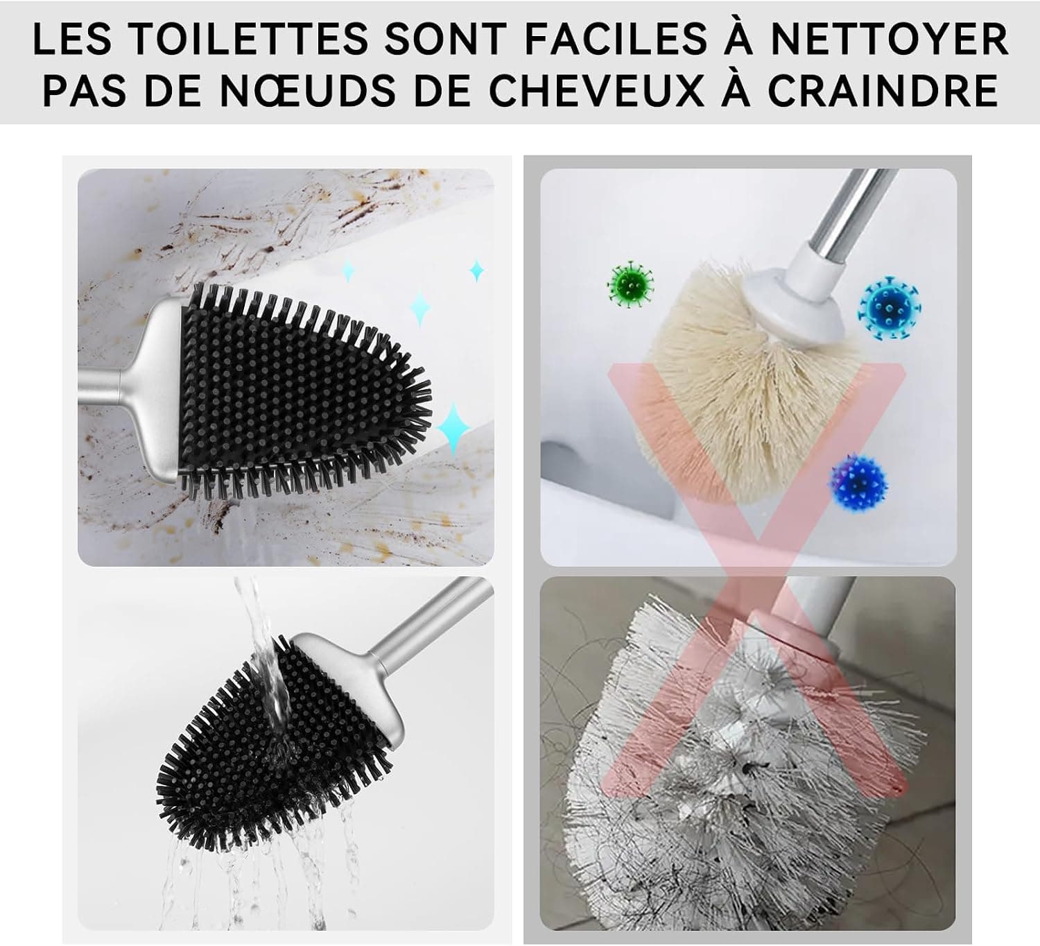 Fowooyen Brosse Toilettes WC Silicone, Balayette avec Support, Argent