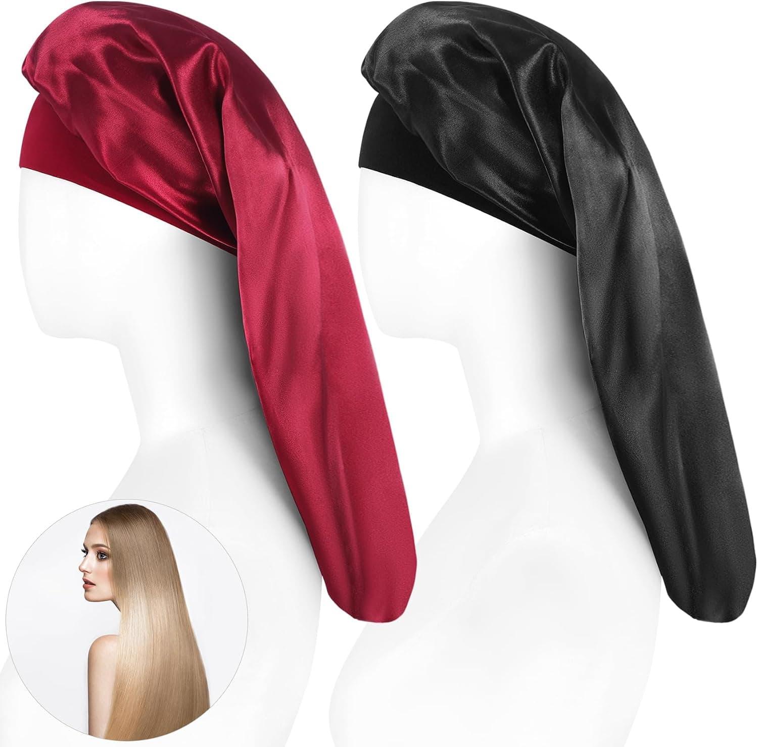 2 Pièces Bonnet long en satin pour fille, Bonnet de Sommeil Chapeau Nuit en Satin à Large Band Élastique Bonnets de Nuit Doux pour Femmes Cheveux Longs Cheveux Bouclés