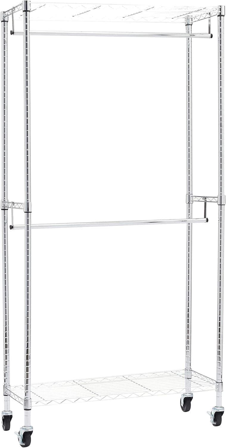 Amazon Basics Portant à double tringle avec roulettes, Chromé, L 91 cm x l 35,5 cm x H 183 cm