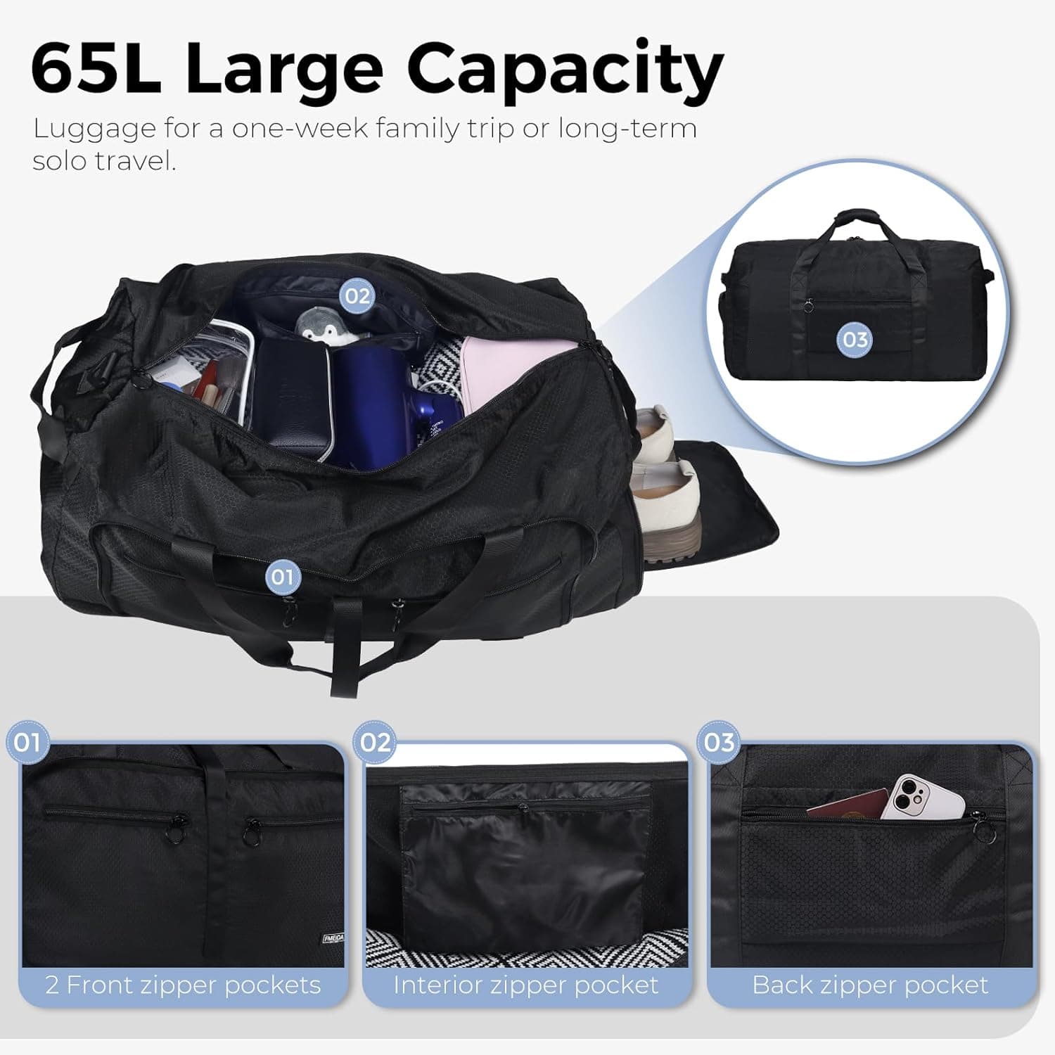 Fmeida Sac de Voyage Pliable 65L – Grand Sacs de Sport Imperméable avec Compartiment à Chaussures pour Homme et Femme, Sac Weekend Léger avec Bandoulière, Idéal pour Gym, Camping, Randonnée, Maternité