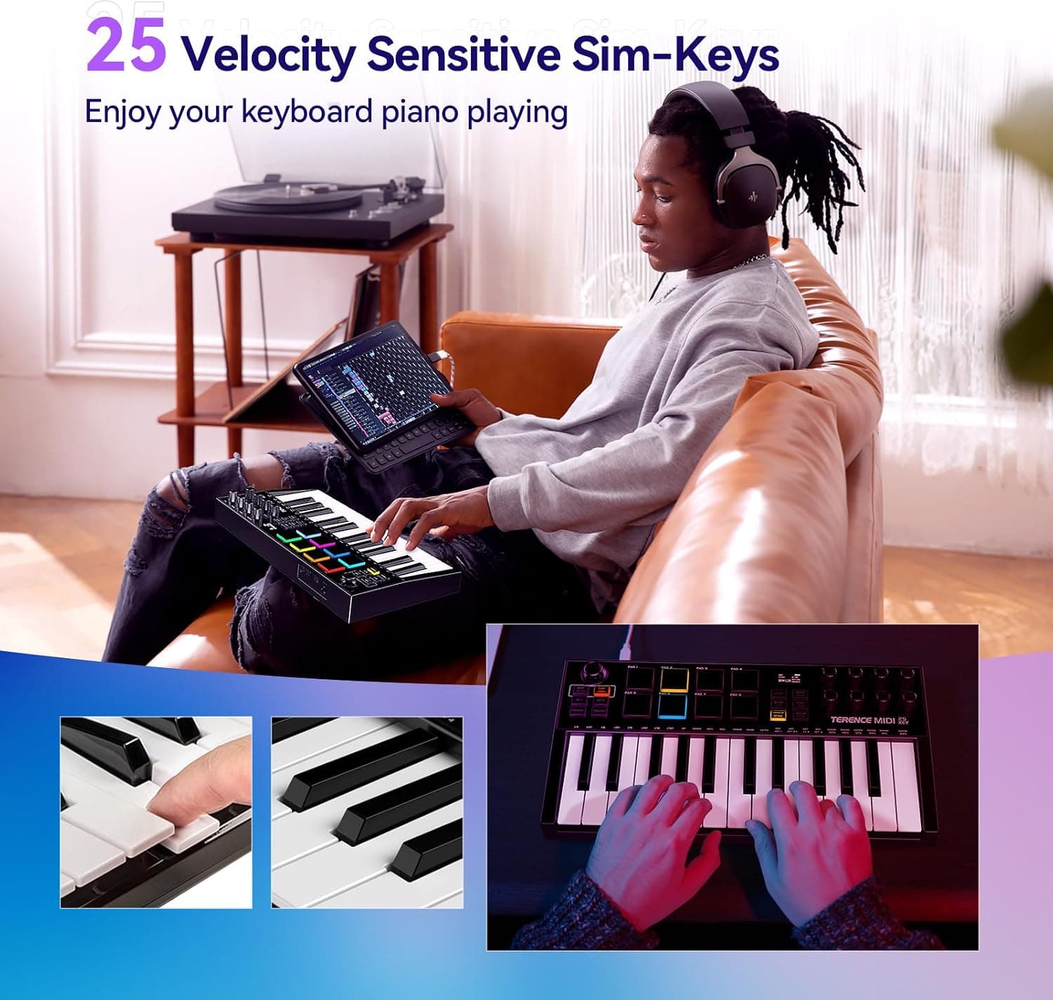 TERENCE Clavier MIDI de 25 Touches Professionnel MIDI Keyboard Contrôleur 500 mAh 8 Pads RGB Bouton Rotatif à 360° Sans Fin 8 Boutons Assignables Écran OLED Compatible avec Plusieurs DAW et Appareils