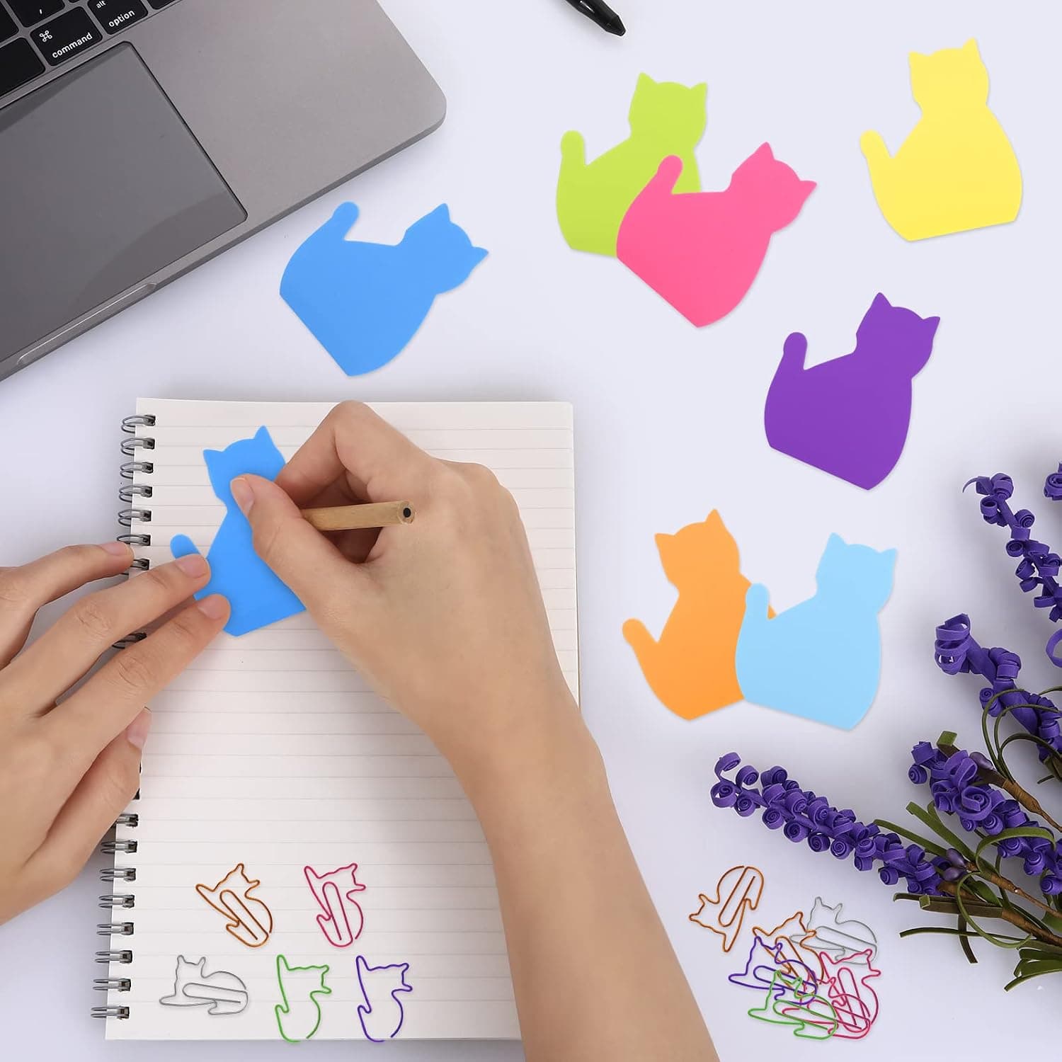 Molain Lot de 7 blocs de notes autocollantes en forme de chat avec trombones, 210 feuilles Multicolore 7 x 5.8 cm