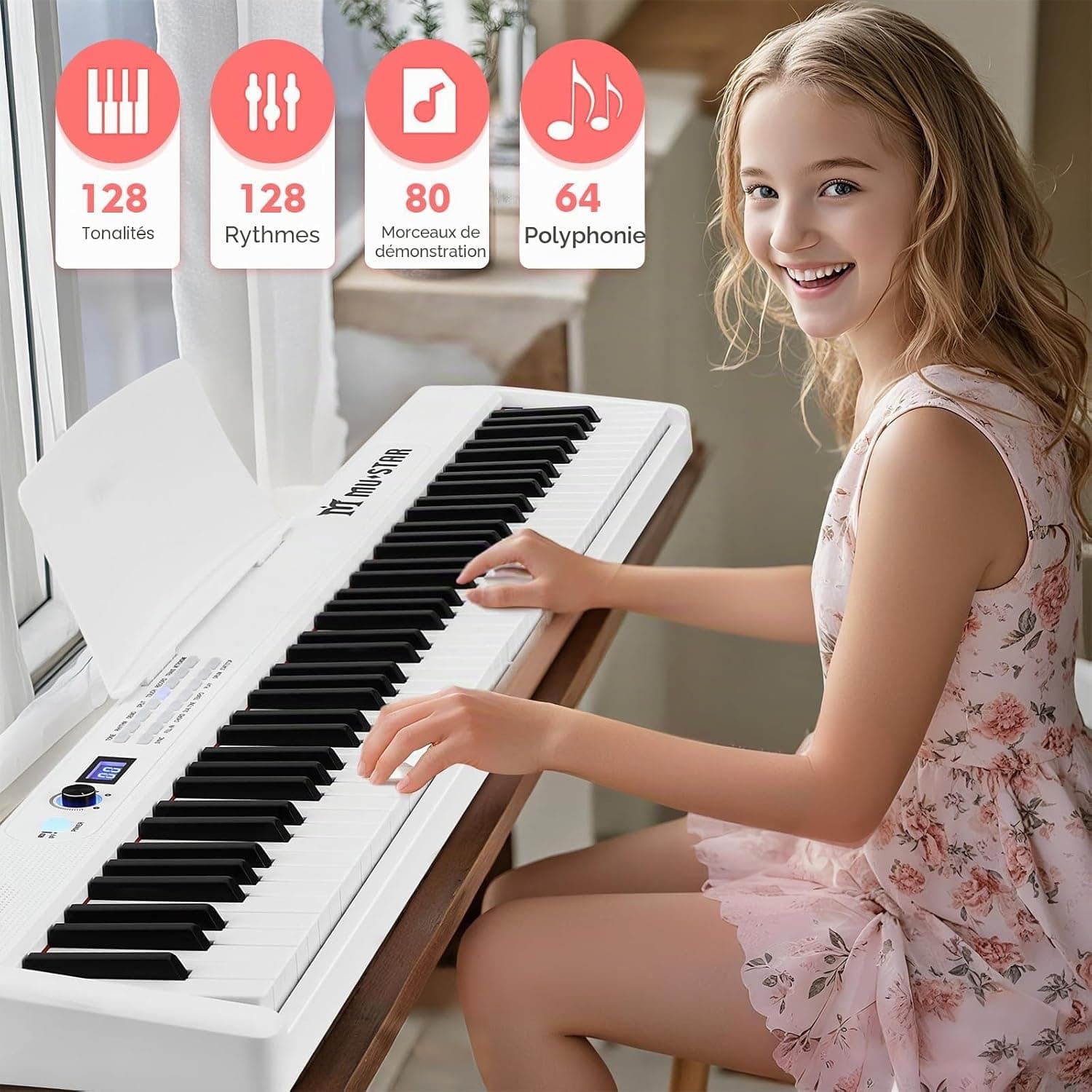 MUSTAR Piano numérique pliable 88 touches avec touches éclairées, piano numérique semi-poids, piano électronique portable avec Bluetooth, MIDI, pédale de sustain, casque pour débutants, blanc