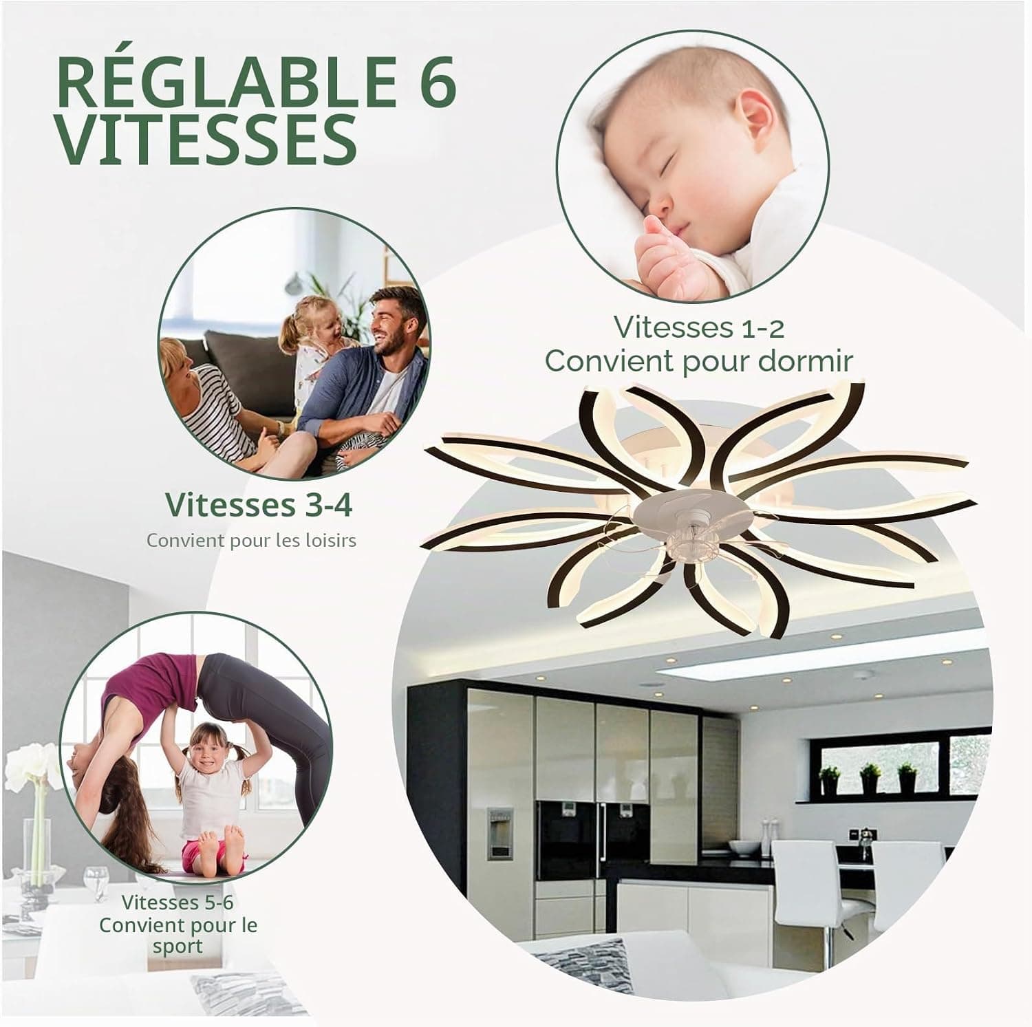Grand Ventilateur de Plafond Avec Lumière Dimmable, Chambre Silencieux Avec Lumiere Et Telecommande APP, Réversible 6 Vitesses Lustre Timer