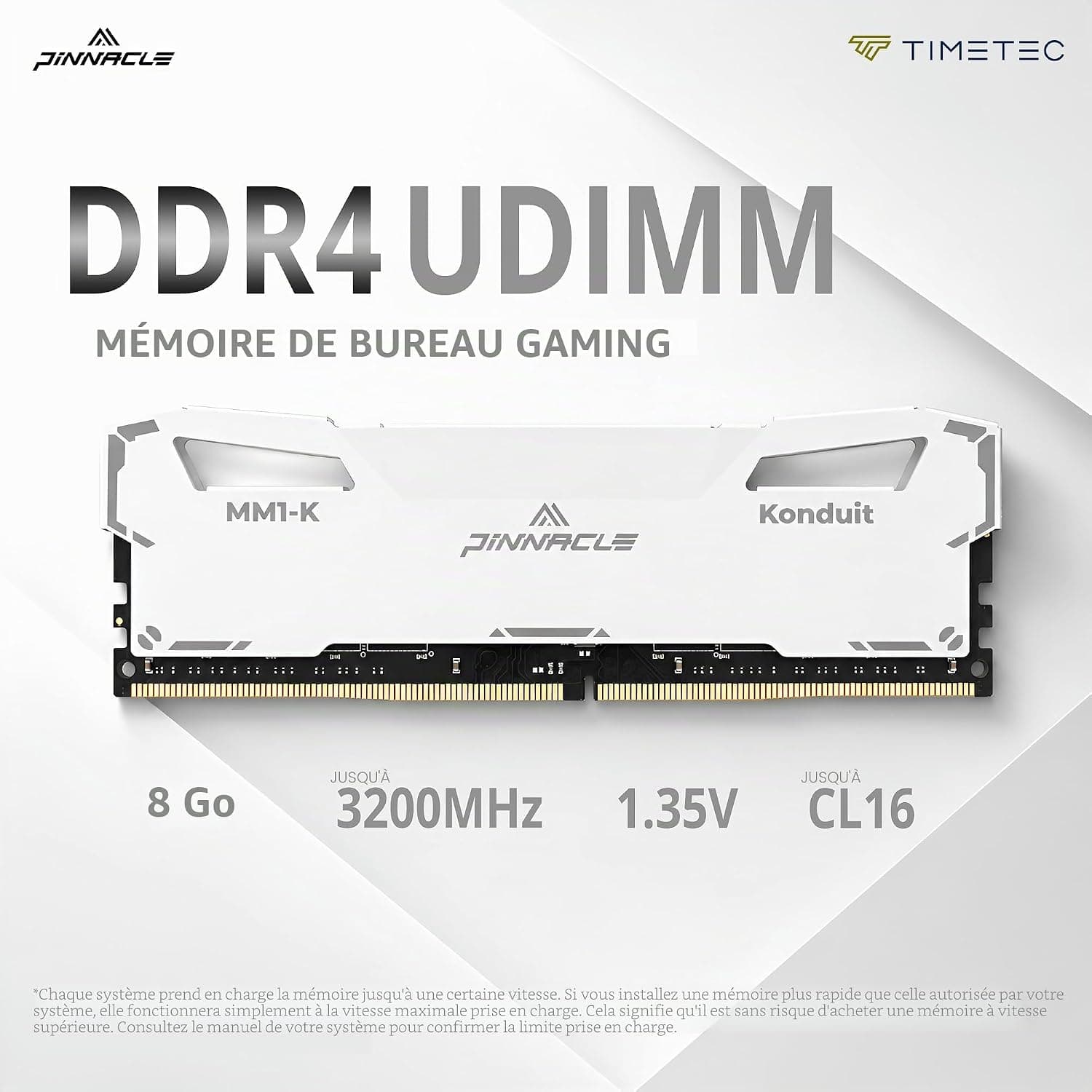 Timetec Pinnacle-Konduit DDR4 XMP2.0 Overclocking 1.35V Dual Rank Compatible pour AMD et Intel Desktop Gaming PC Module - Blanc (3200Mhz 16GB(2x8GB))