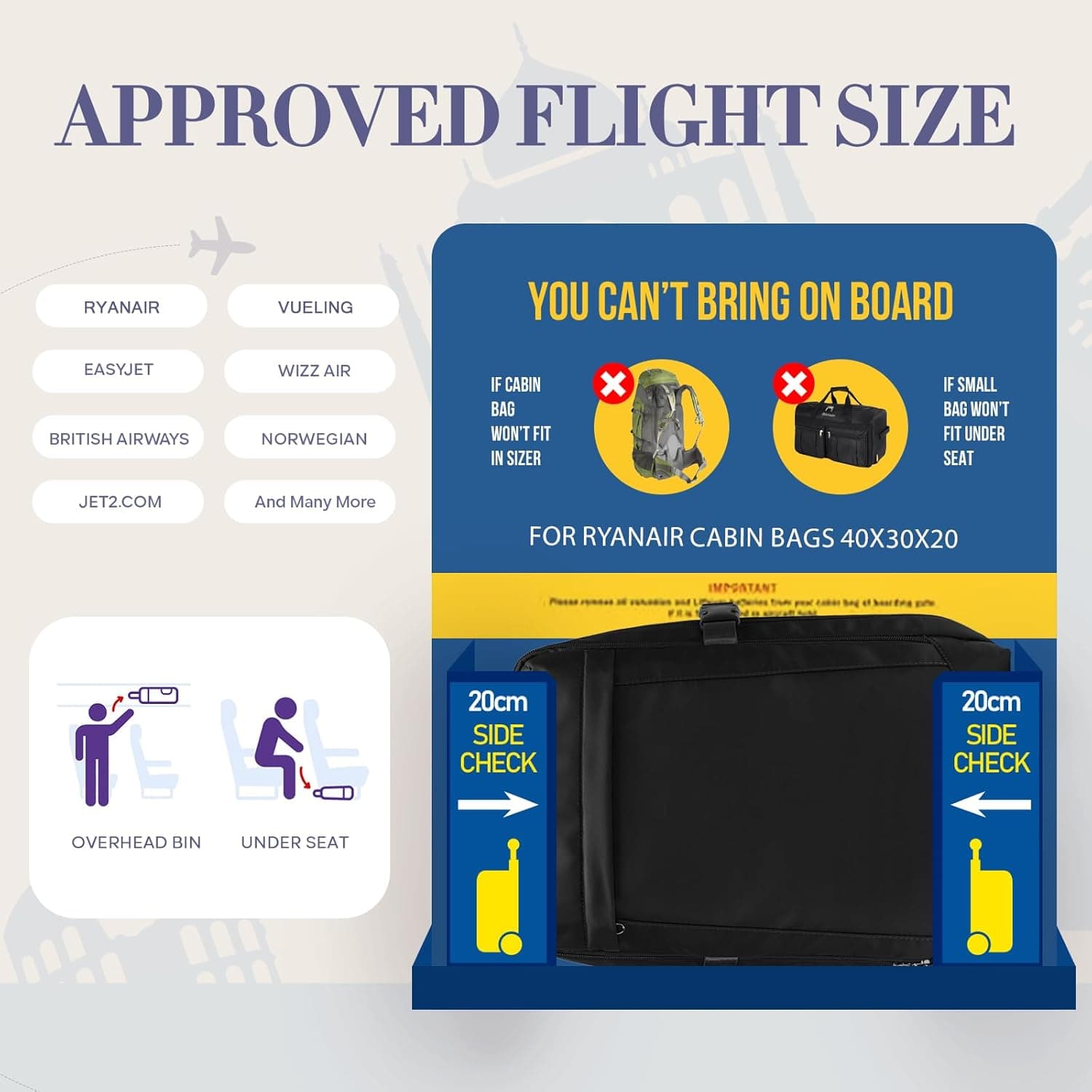 Yankony Sac a Dos Voyage Cabine Avion 40x30x20 Ryanair Bagages Cabine | avec Pochette Antivol Sac de Voyage Femme Homme Sac Cabine Avion RéSistant à L'Eau 24 L Sac à Dos Bag Main Valise Quotidiens