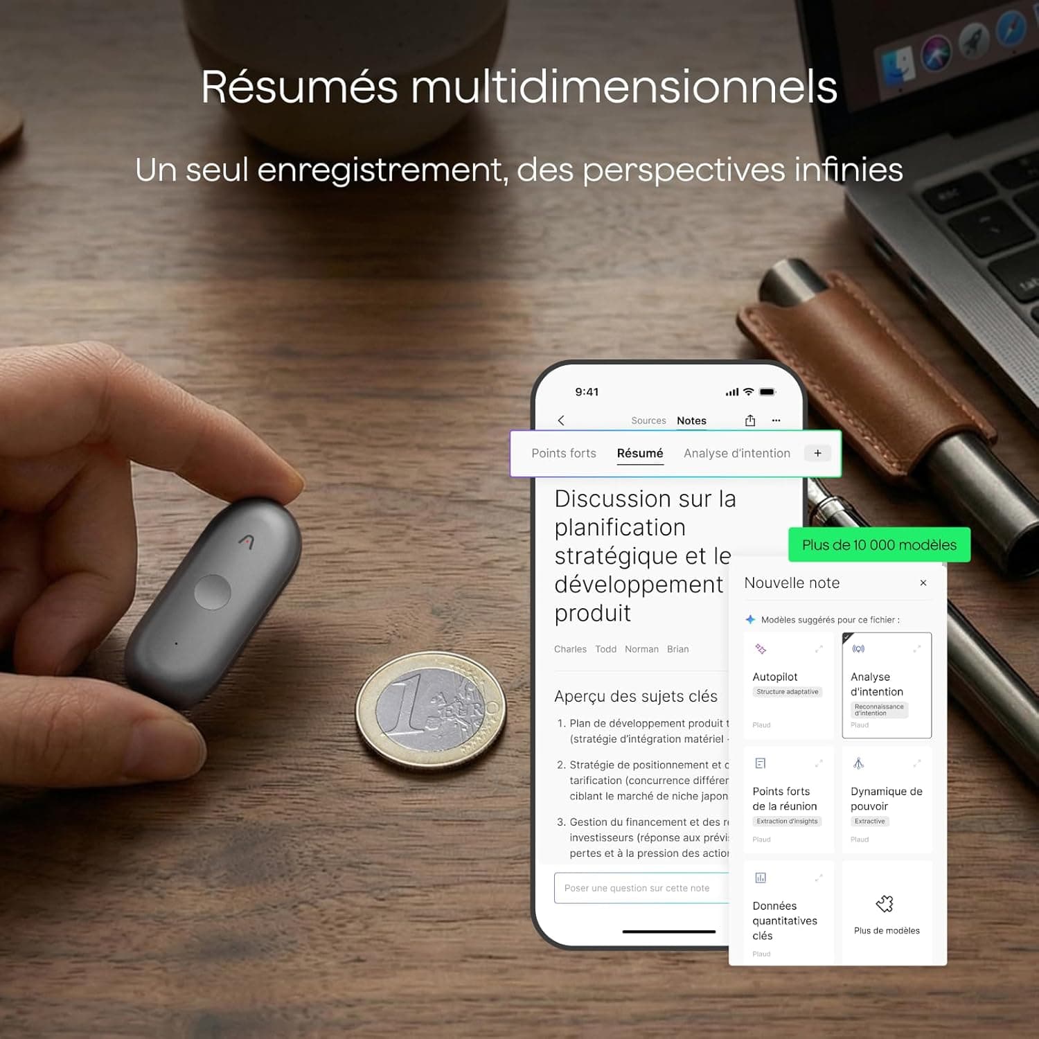 Plaud NotePin S Enregistreur Vocal IA avec Bouton Tactile Prise de Notes IA Transcription Résumé IA et Team Plan Dictaphone Enregistreur Numérique pour Réunions Interviews avec 4 Accessoires Gris