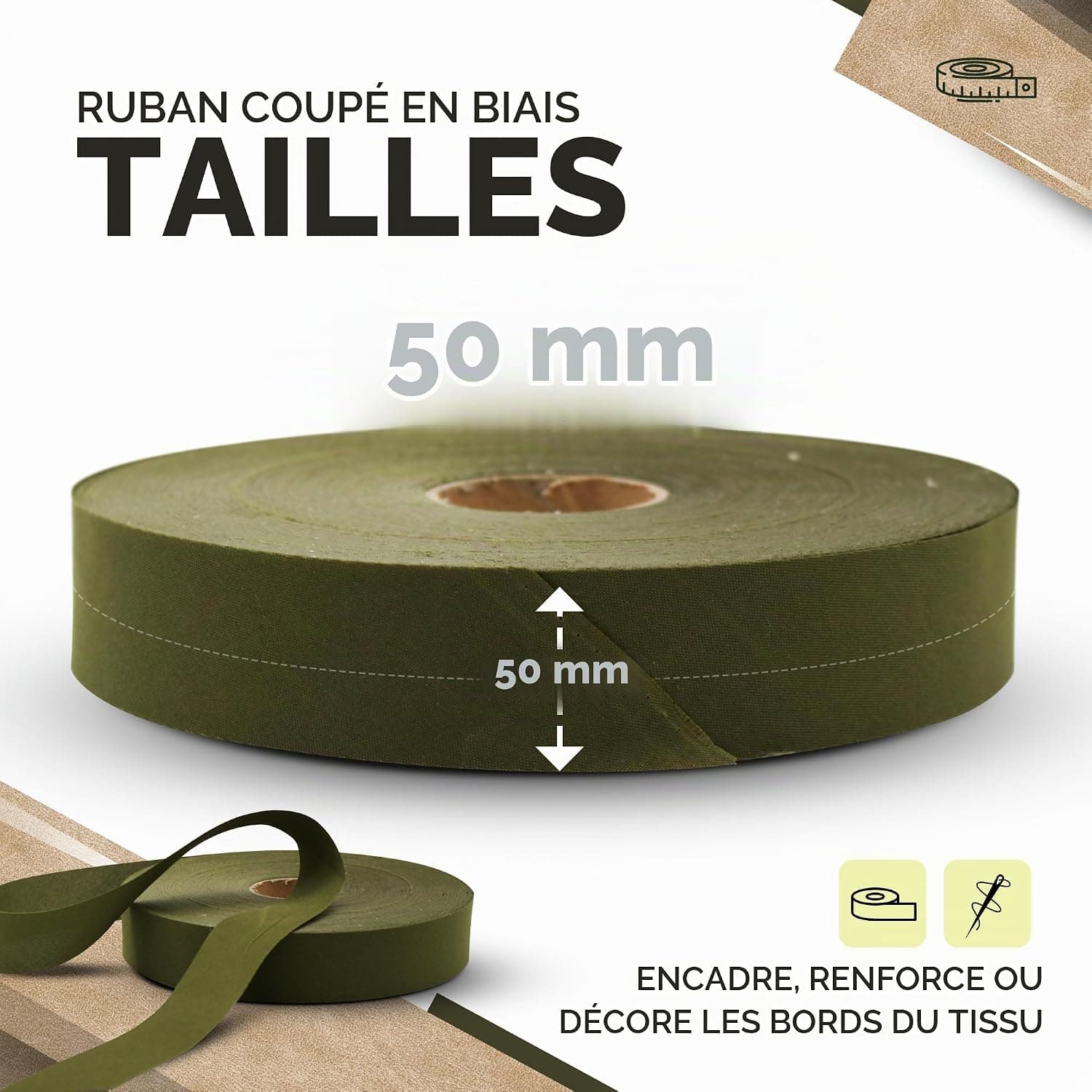 DOJA Barcelona | Biais de Couture Vert | 1 Rouleau Biais Couture 100m | Large 50mm | Ruban Vert Polyester | Biais au Metre | pour Ruban Couture, Passepoil Couture, Galon Couture, Mercerie Biais