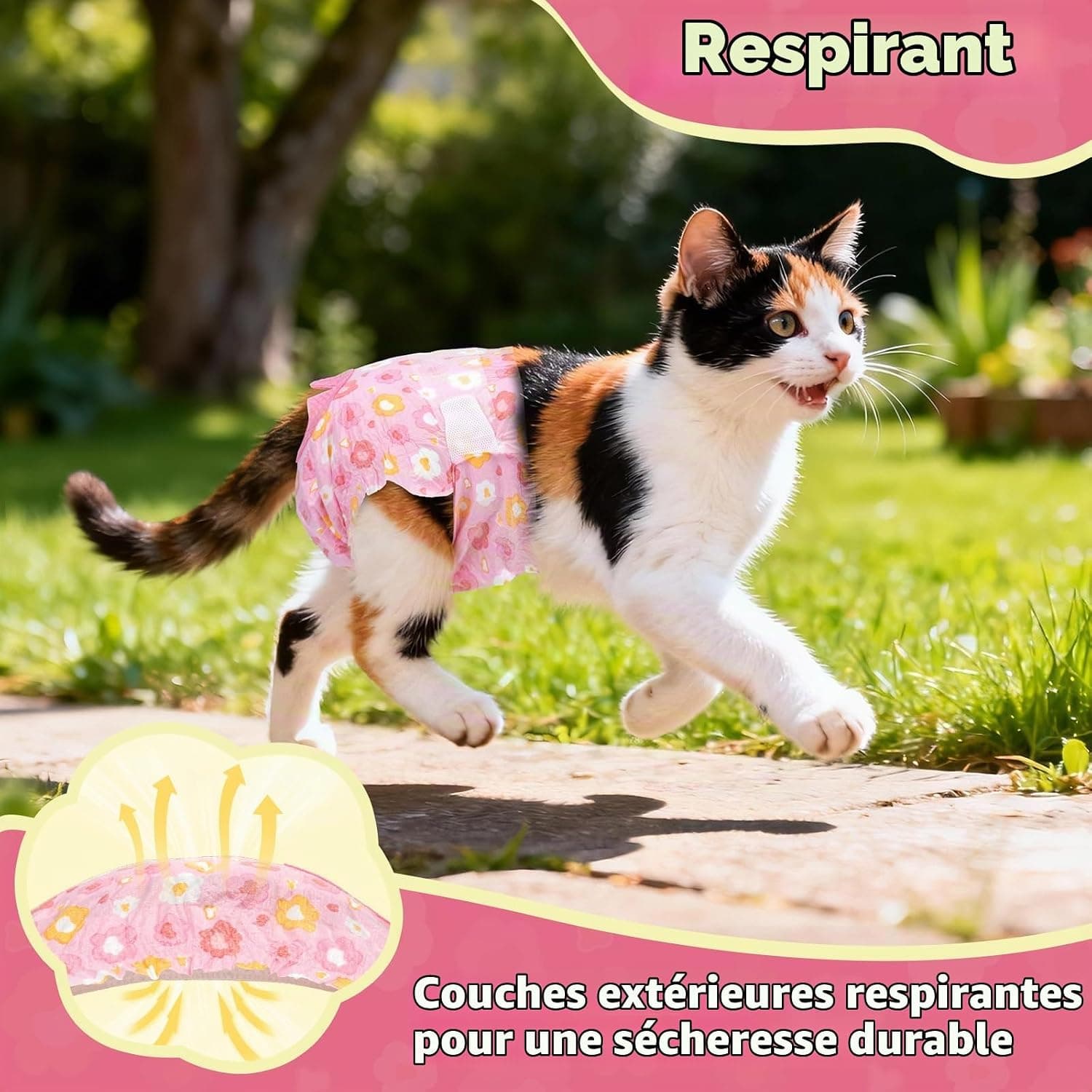 MICOOYO Lot de 24 Couches pour Chiens Femelles, Couches pour Chats Super Absorbantes avec Trous en Mousse Réglables, Pantalons de Couches Jetables pour Chiens Femelles en Chaleur (XS,Fleur Rose)