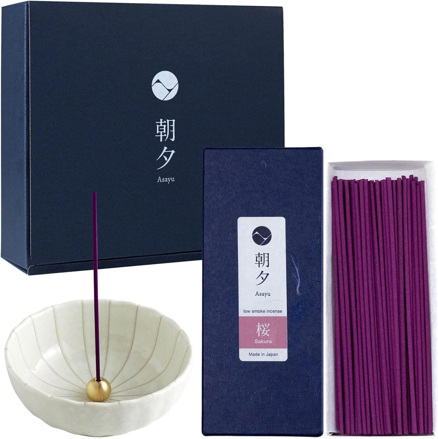 Asayu Japan Coffret Cadeau Encens Sakura et Porte-Encens Lotus Blanc