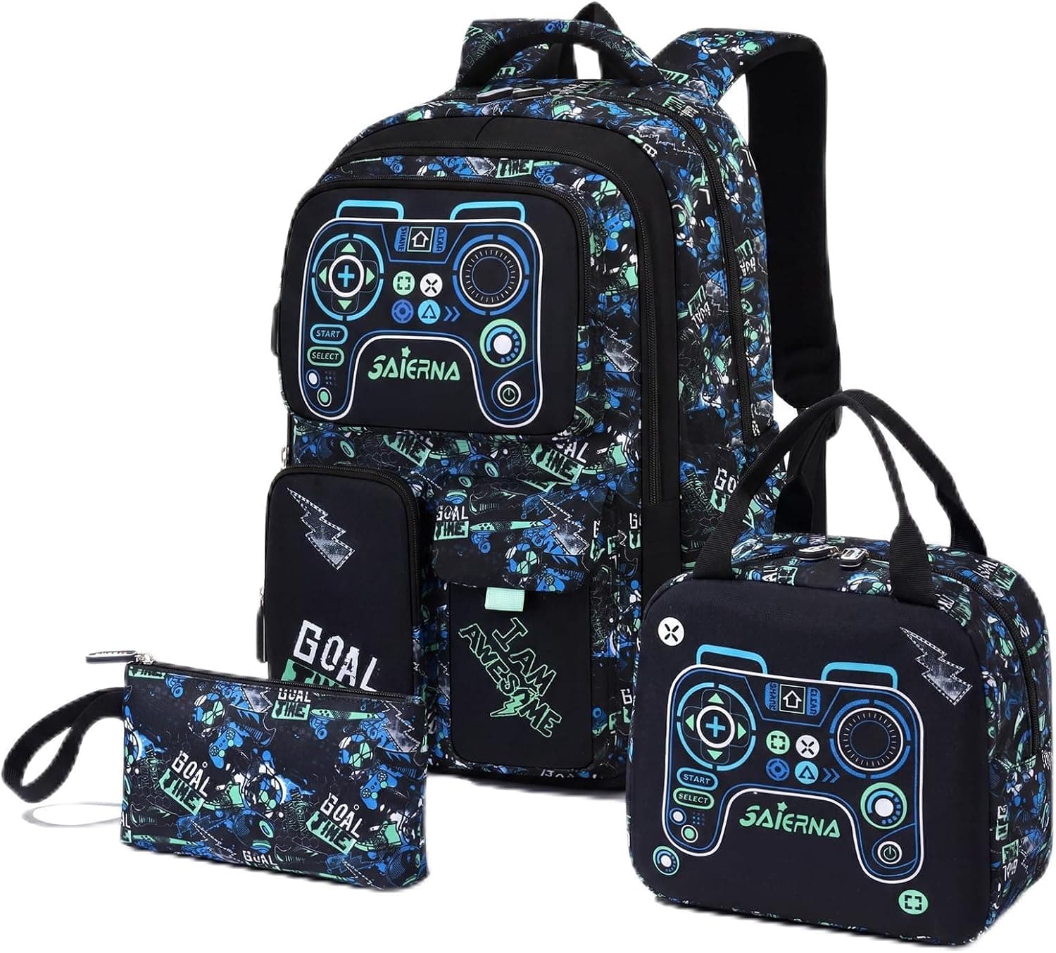 Amythe Cartable École Garçons Classes de 3 à 9 3 pièces Voyage Set, Noir | 3 pièces Grand Imperméable Bretelle Poitrine Compartiment Laptop Noir Daypack Multi-Poches Spacieux Robuste pour École